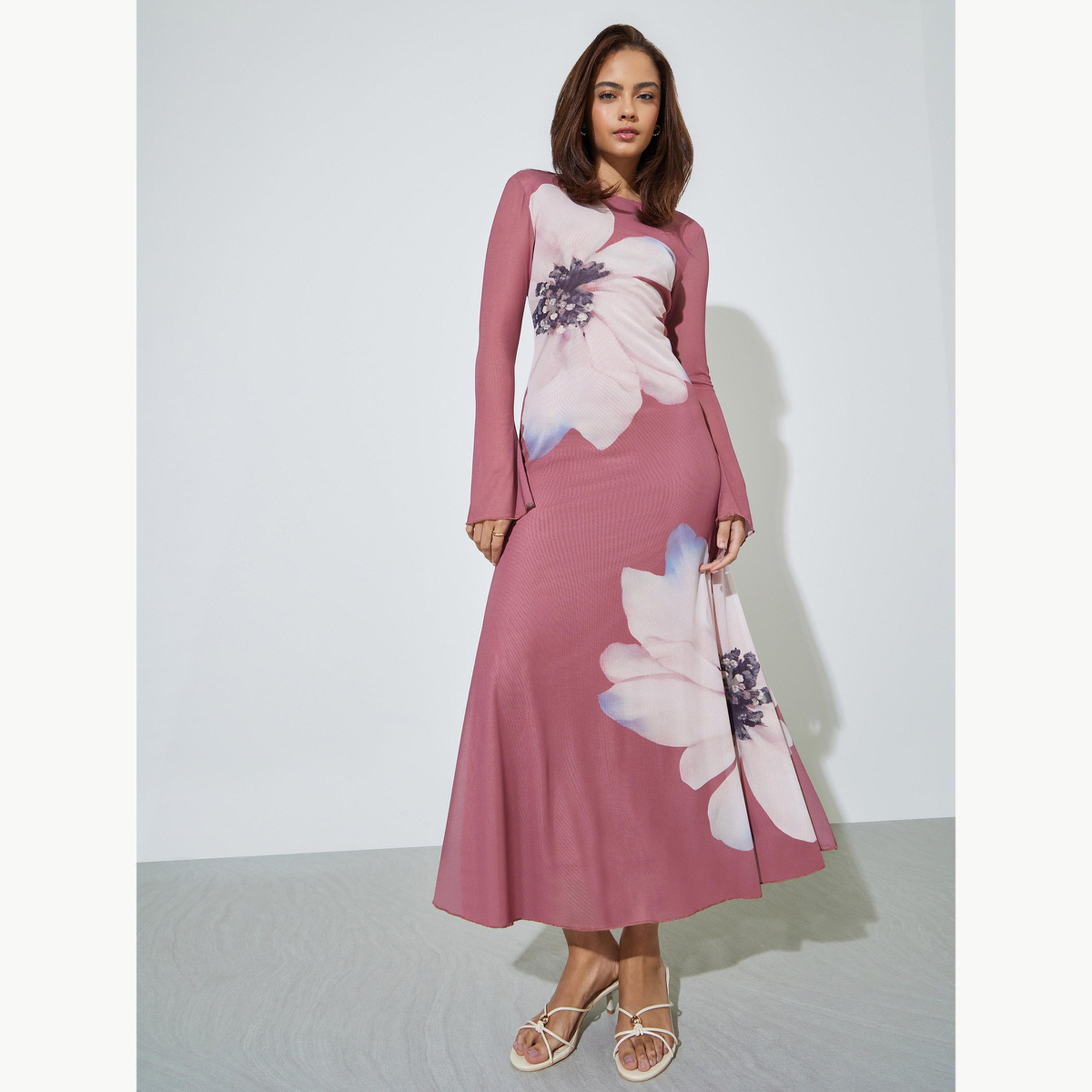 Styli Pink Floral Print Maxi Dress with Long Sleeves-women-clothing-dresses-image-3