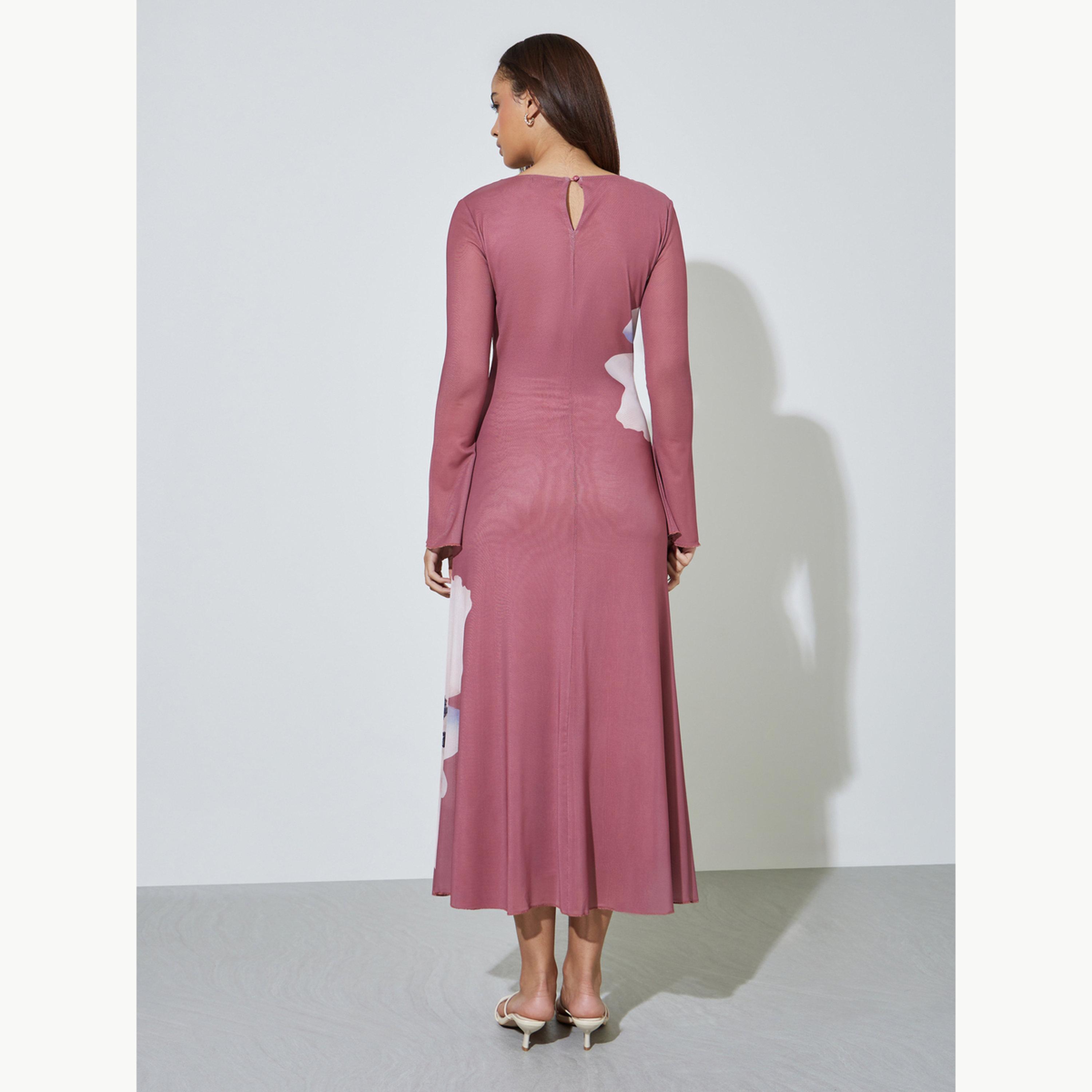 Styli Pink Floral Print Maxi Dress with Long Sleeves-women-clothing-dresses-image-4