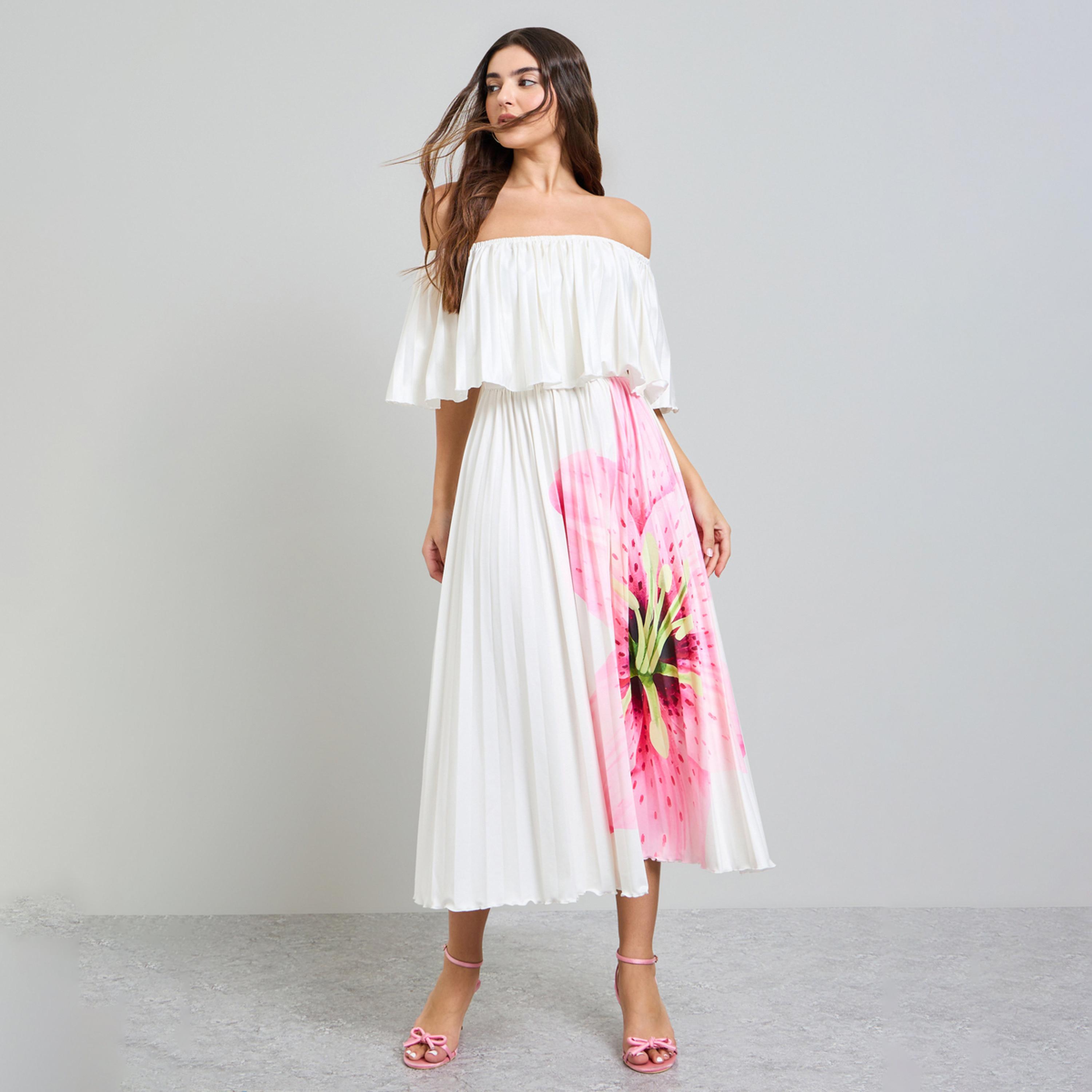 فستان ميدي بحافة واسعة وأكتاف مكشوفة بنمط زهور-women-clothing-dresses-image-1