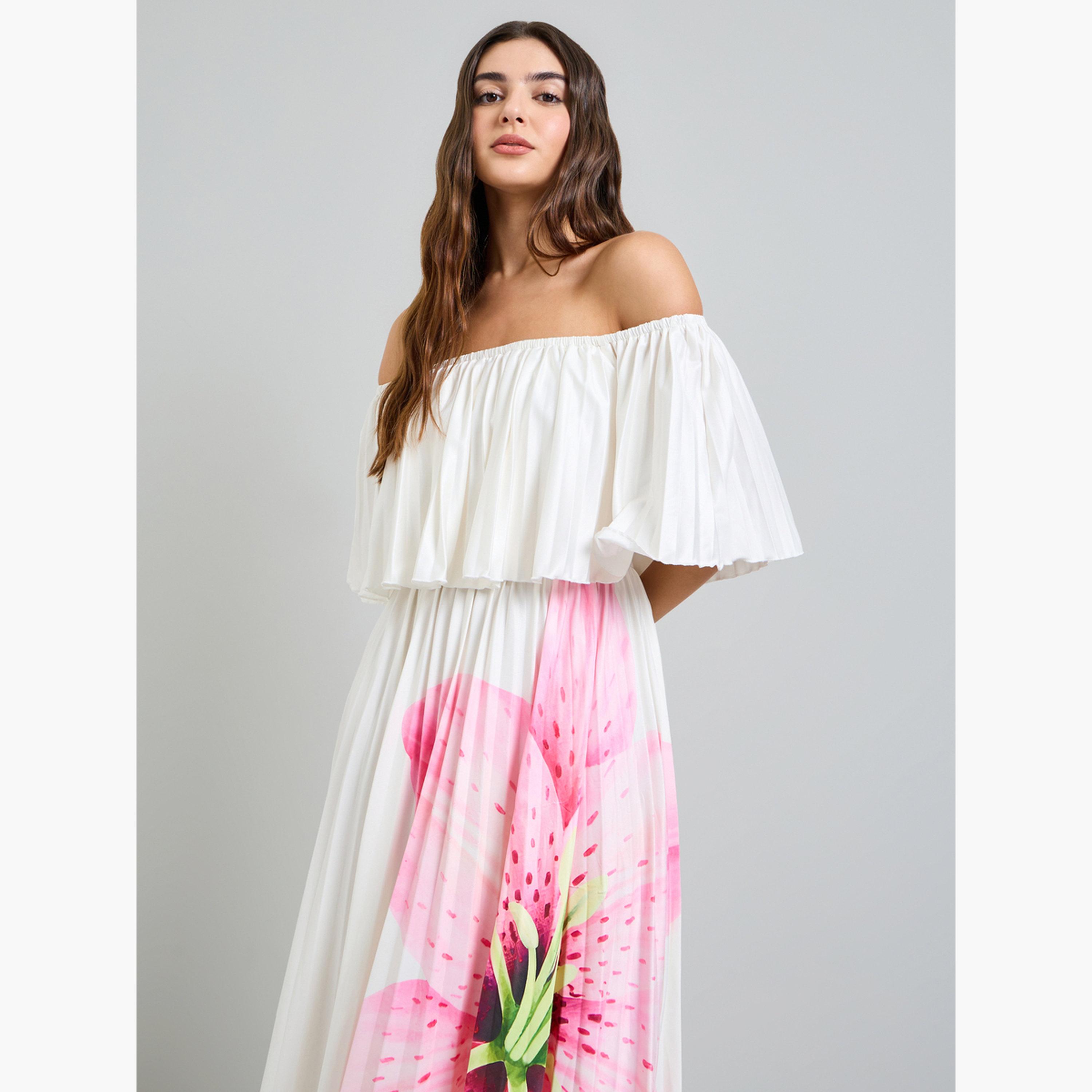 فستان ميدي بحافة واسعة وأكتاف مكشوفة بنمط زهور-women-clothing-dresses-image-2