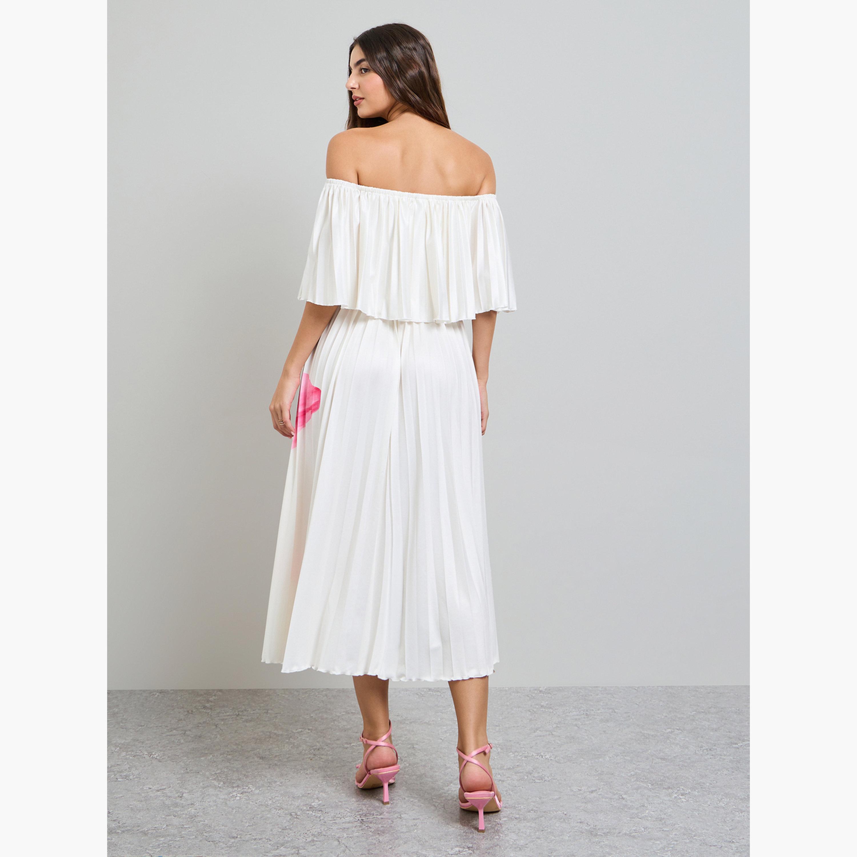 فستان ميدي بحافة واسعة وأكتاف مكشوفة بنمط زهور-women-clothing-dresses-image-3