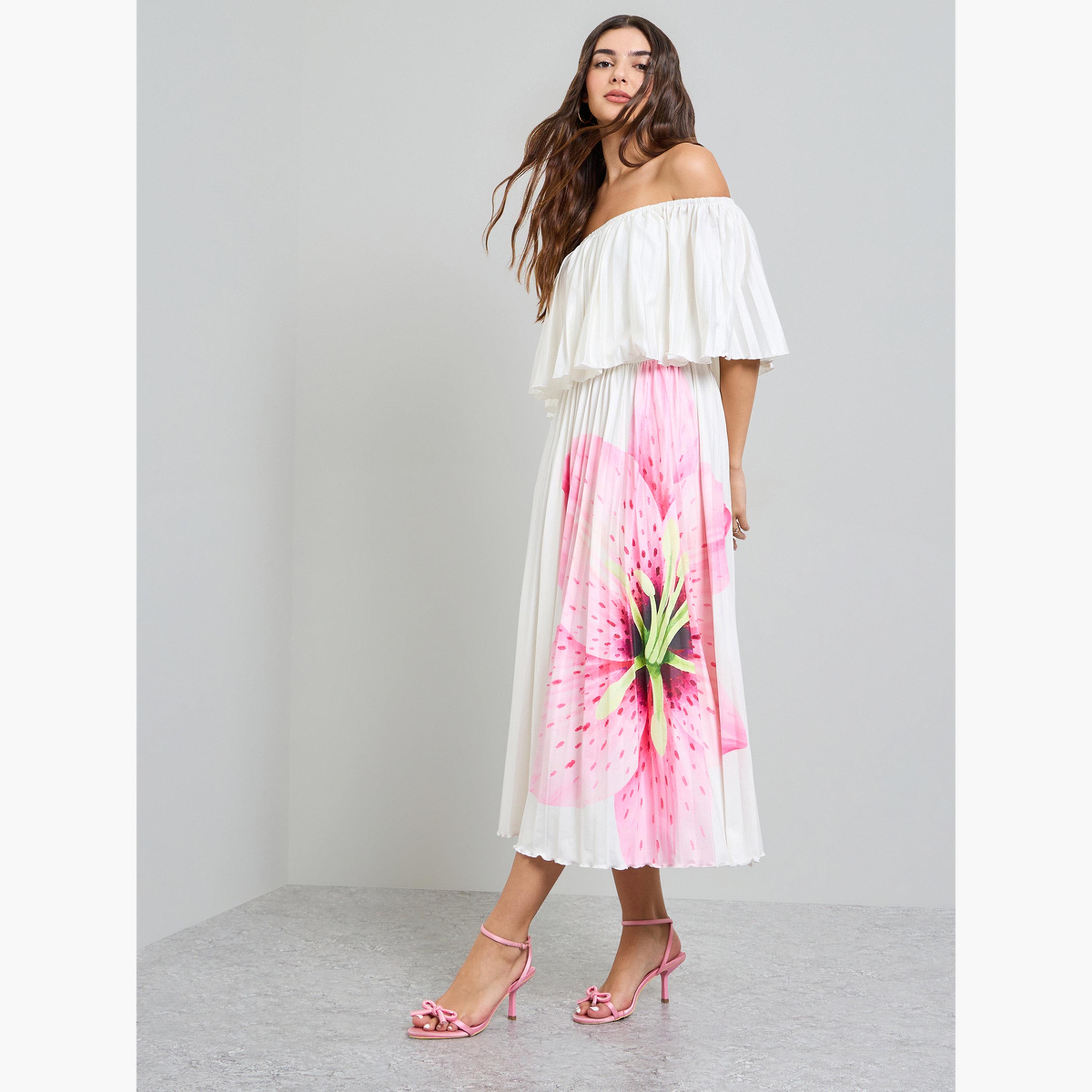 فستان ميدي بحافة واسعة وأكتاف مكشوفة بنمط زهور-women-clothing-dresses-image-4