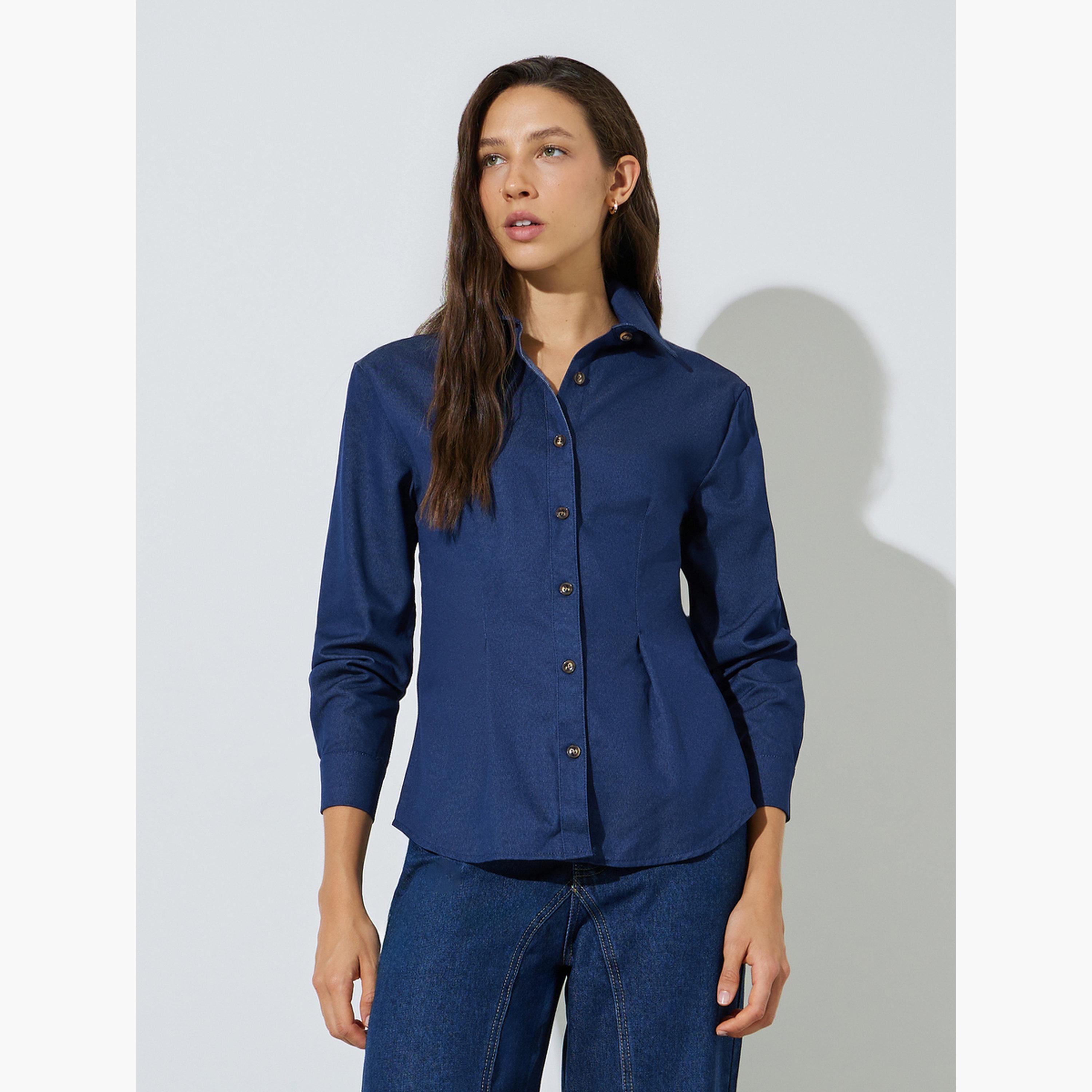 بلوزة دنيم بأكمام طويلة بتفاصيل كسر-women-clothing-shirtsandblouses-shirts-image-1