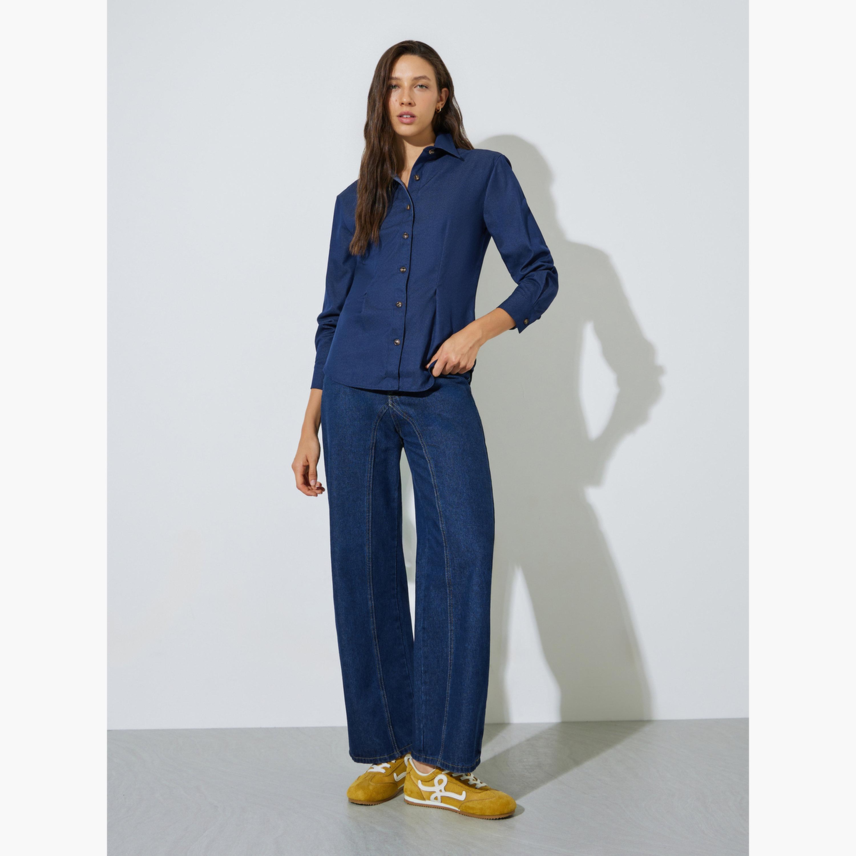 بلوزة دنيم بأكمام طويلة بتفاصيل كسر-women-clothing-shirtsandblouses-shirts-image-2