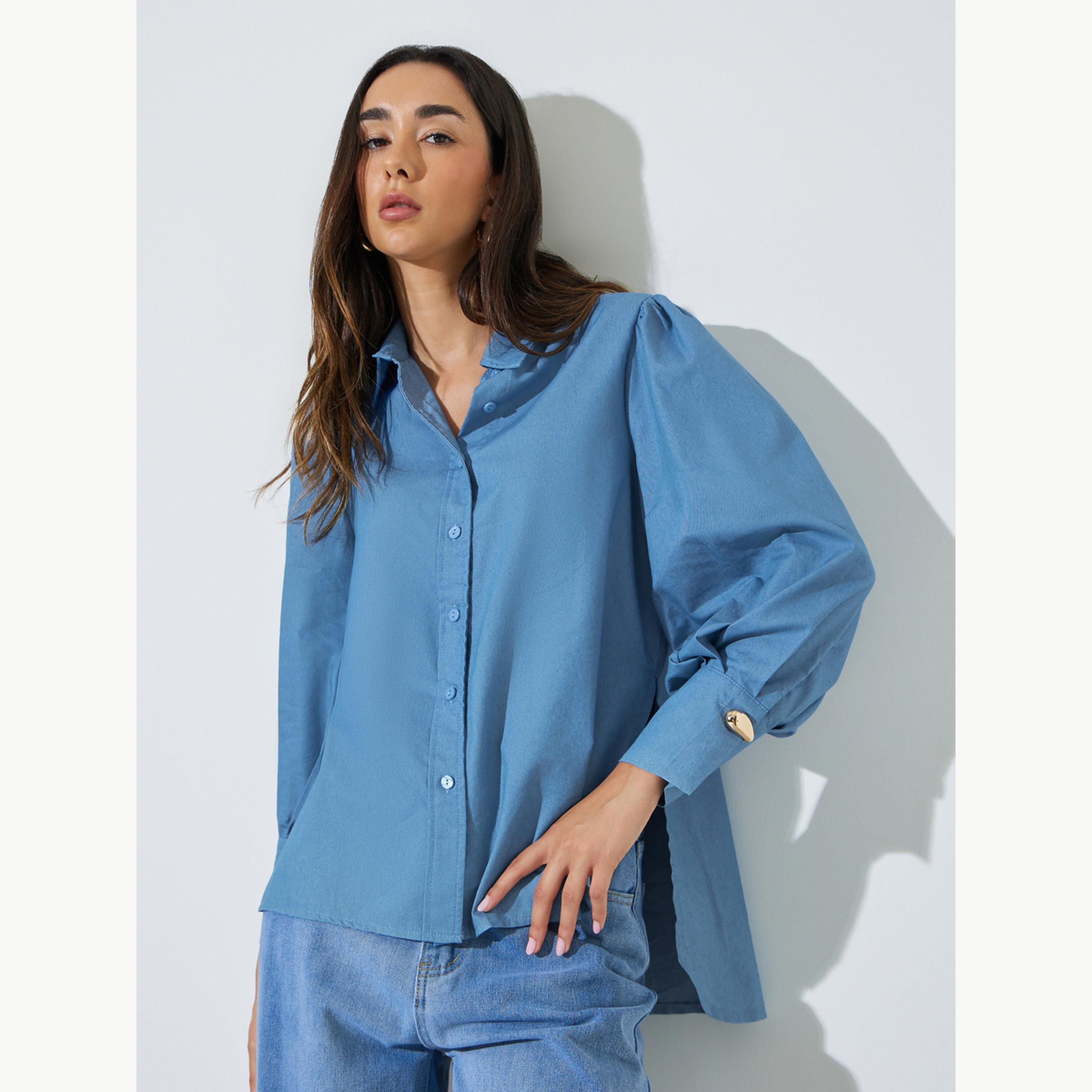 بلوزة طويلة بتفاصيل أزرار معدنية-women-clothing-shirtsandblouses-shirts-image-1