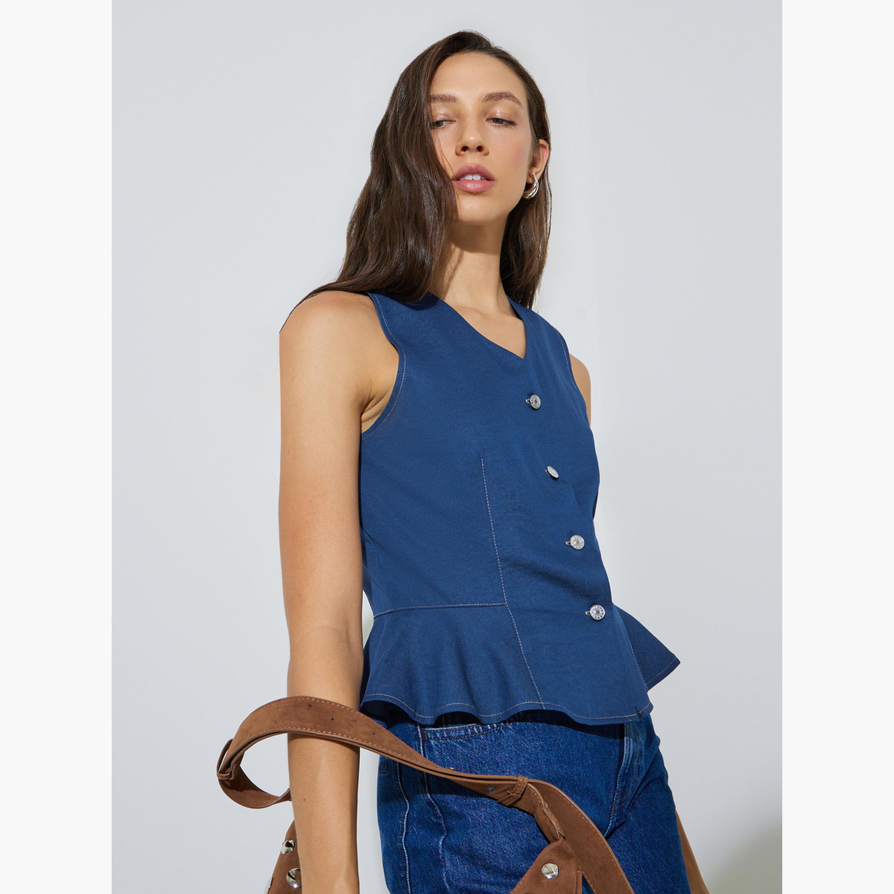 Styli Blue Peplum Denim Waistcoat-women-winterwear-coatsandjackets-waistcoats-image-3