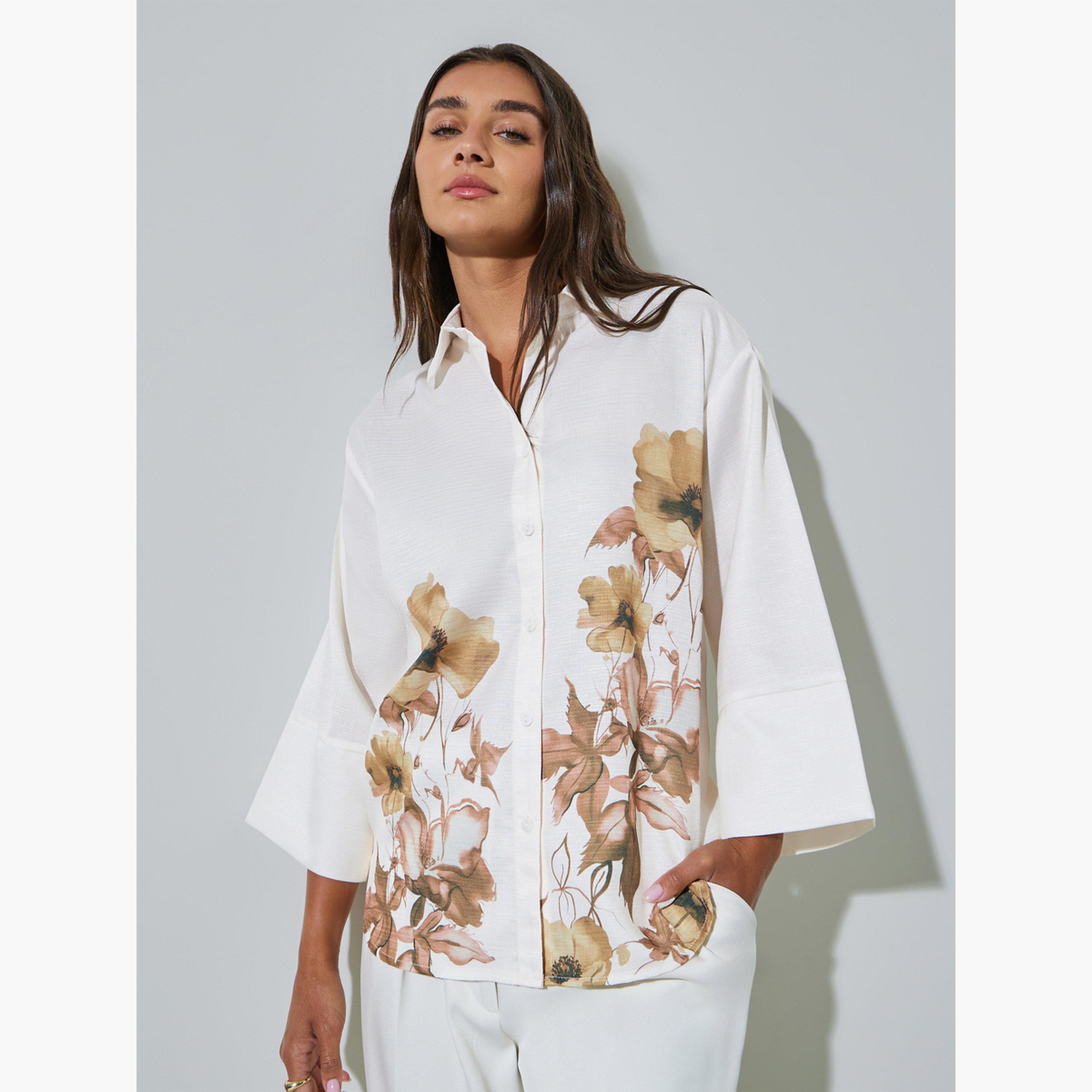 Styli Off White Floral Print 3/4 Sleeve Shirt-women-clothing-shirtsandblouses-shirts-image-1