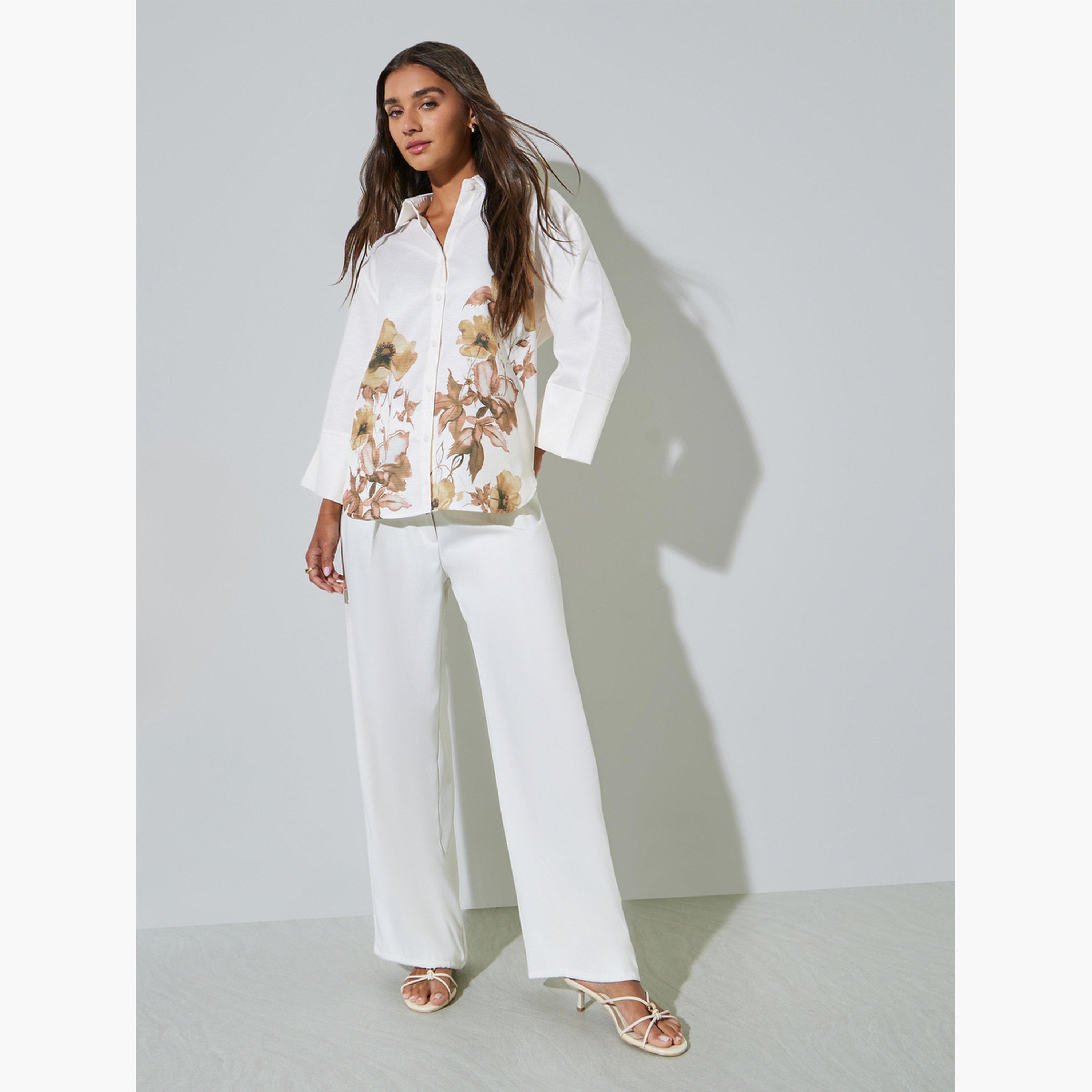 Styli Off White Floral Print 3/4 Sleeve Shirt-women-clothing-shirtsandblouses-shirts-image-2