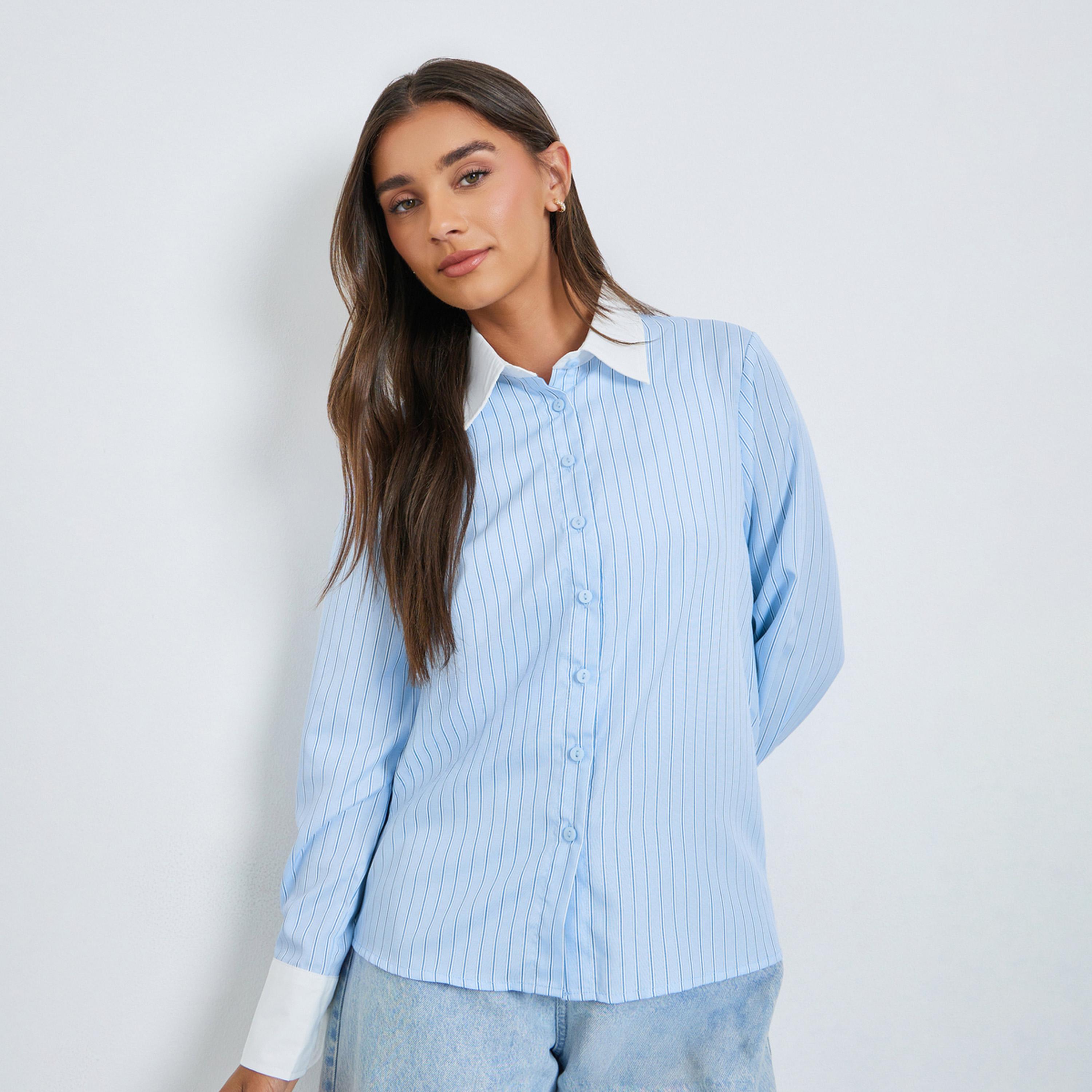 Styli Blue Contrast Cuff Pinstripe Shirt-women-clothing-shirtsandblouses-shirts-image-1