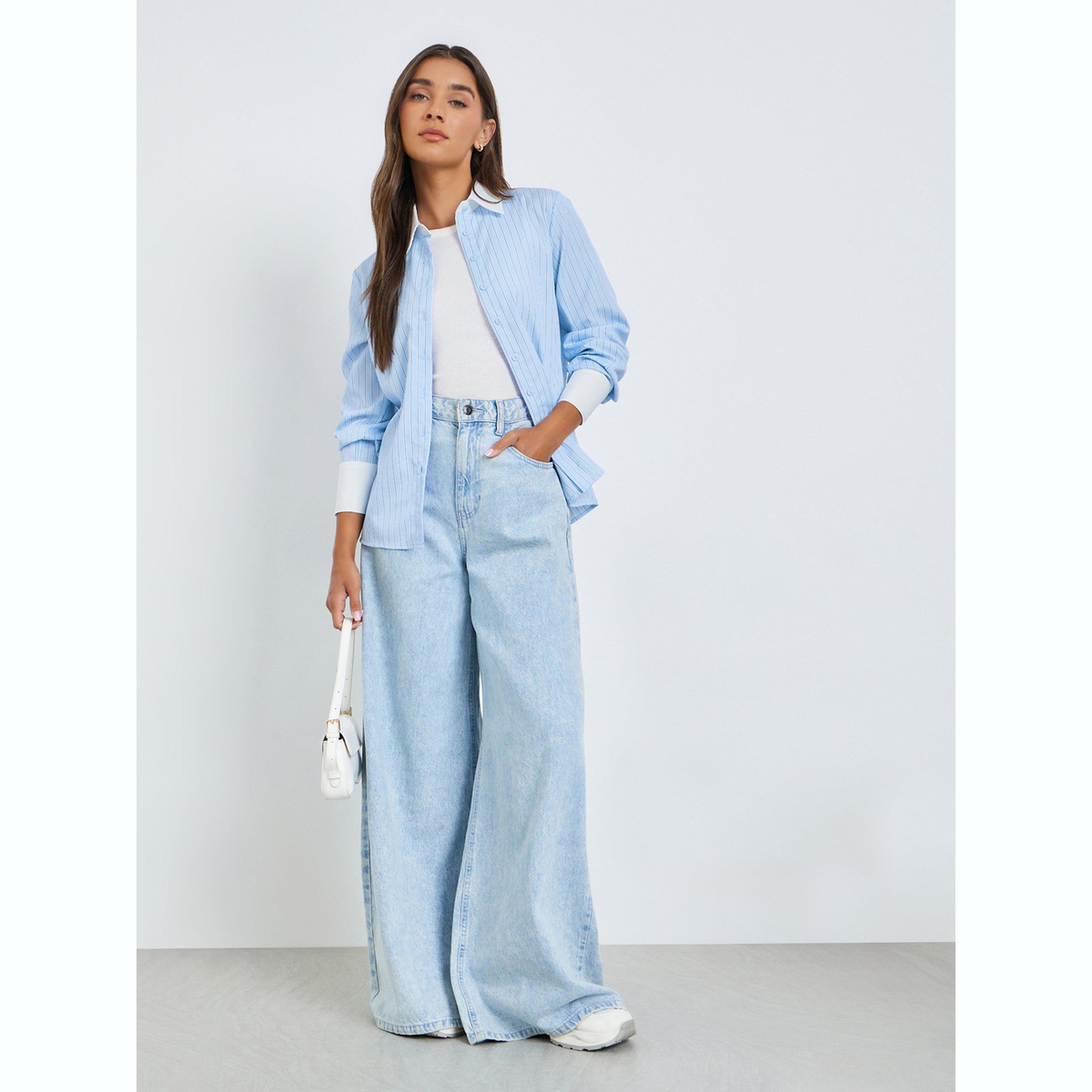 Styli Blue Contrast Cuff Pinstripe Shirt-women-clothing-shirtsandblouses-shirts-image-2