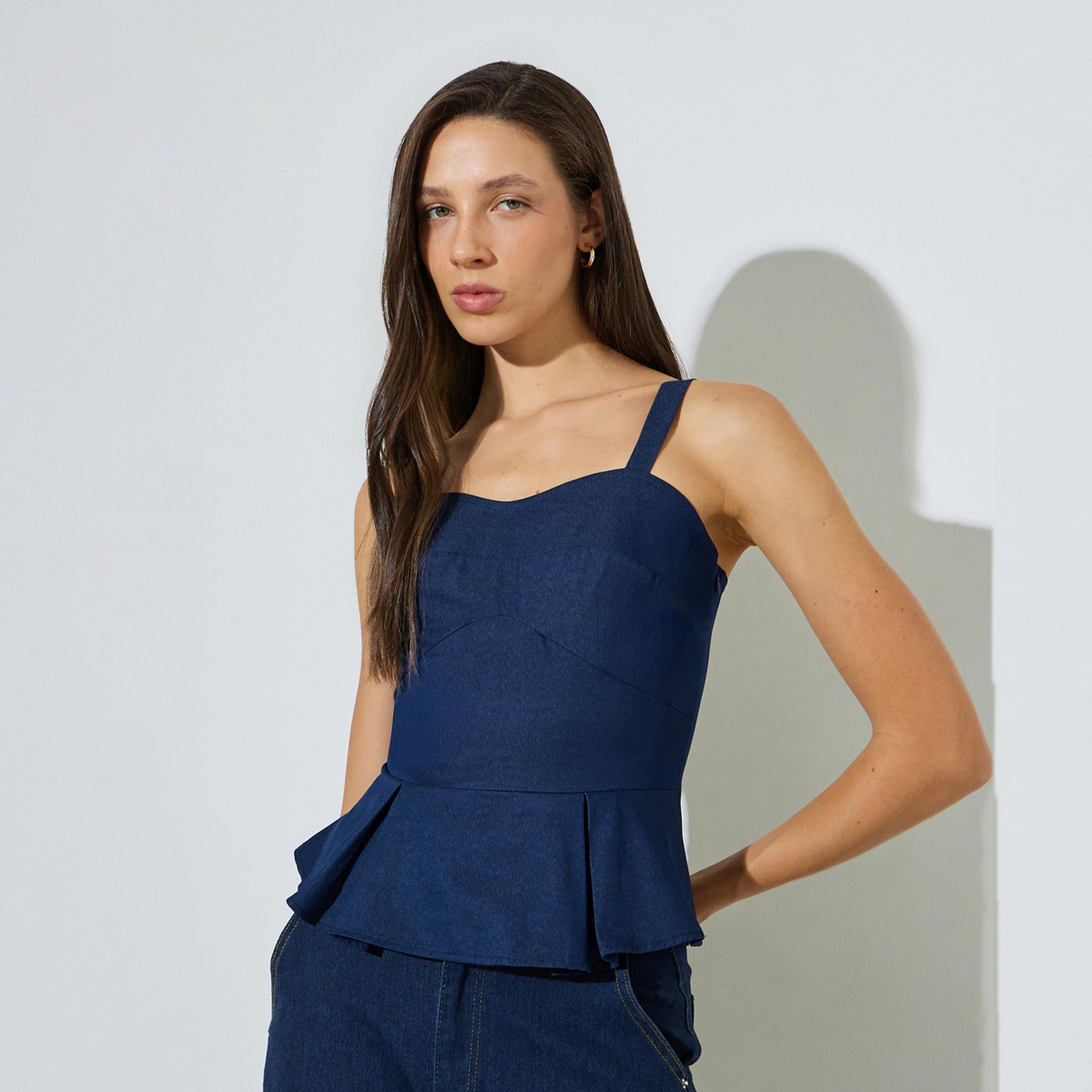 Styli Dark Blue Sleeveless Peplum Denim Top-women-clothing-shirtsandblouses-blouses-image-1