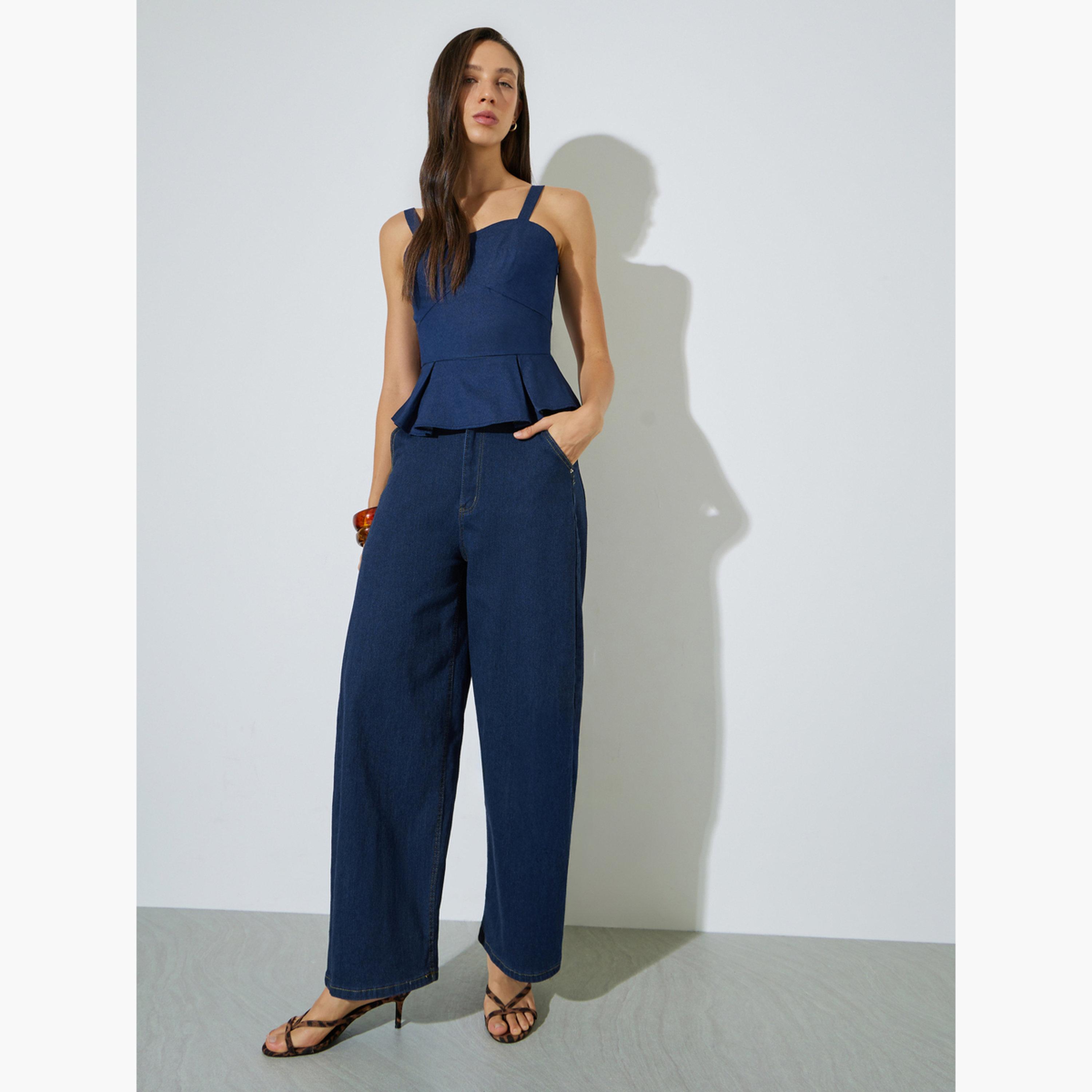 Styli Dark Blue Sleeveless Peplum Denim Top-women-clothing-shirtsandblouses-blouses-image-2