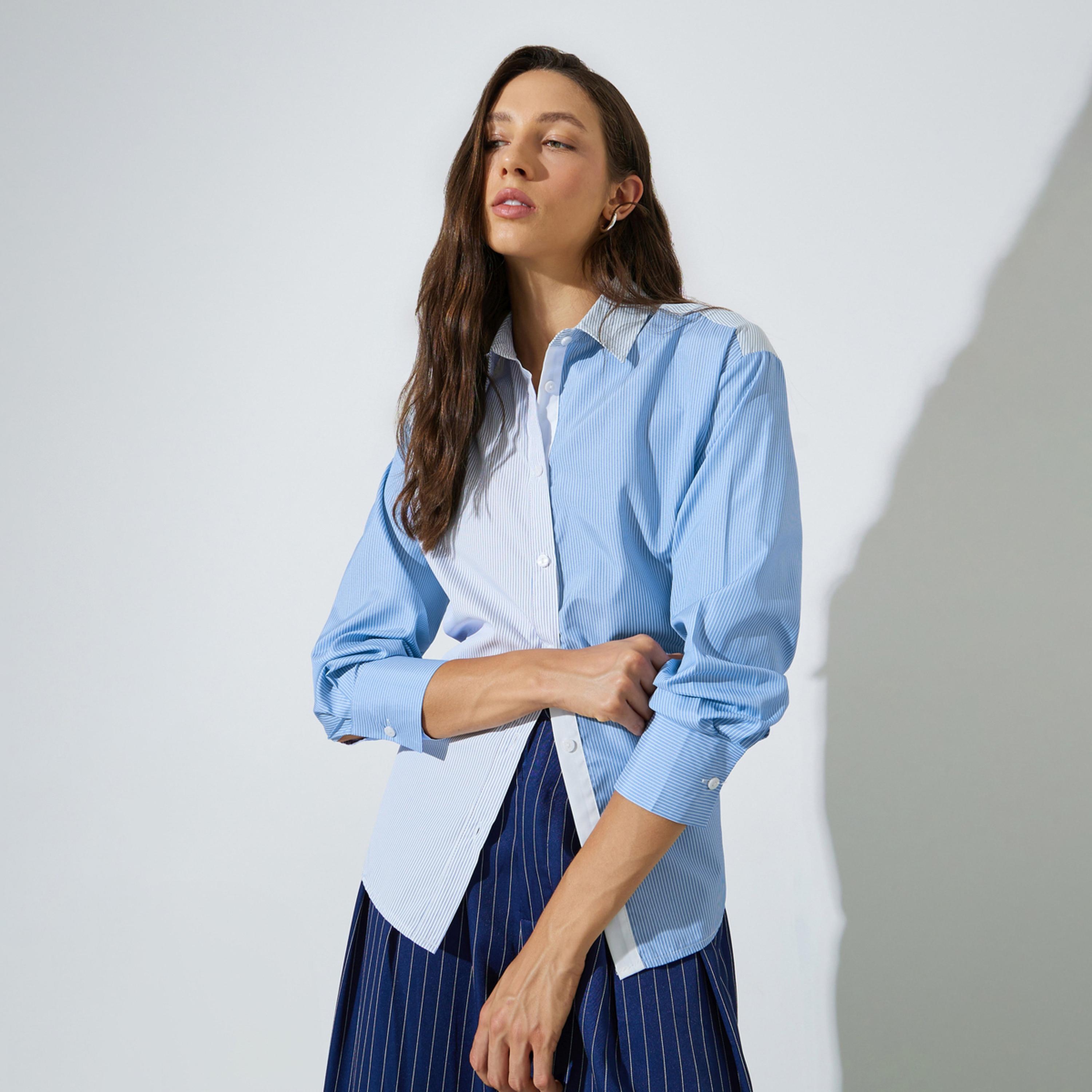 قميص بأكمام طويلة بنمط كتل الالوان ومخطط-women-clothing-shirtsandblouses-shirts-image-1