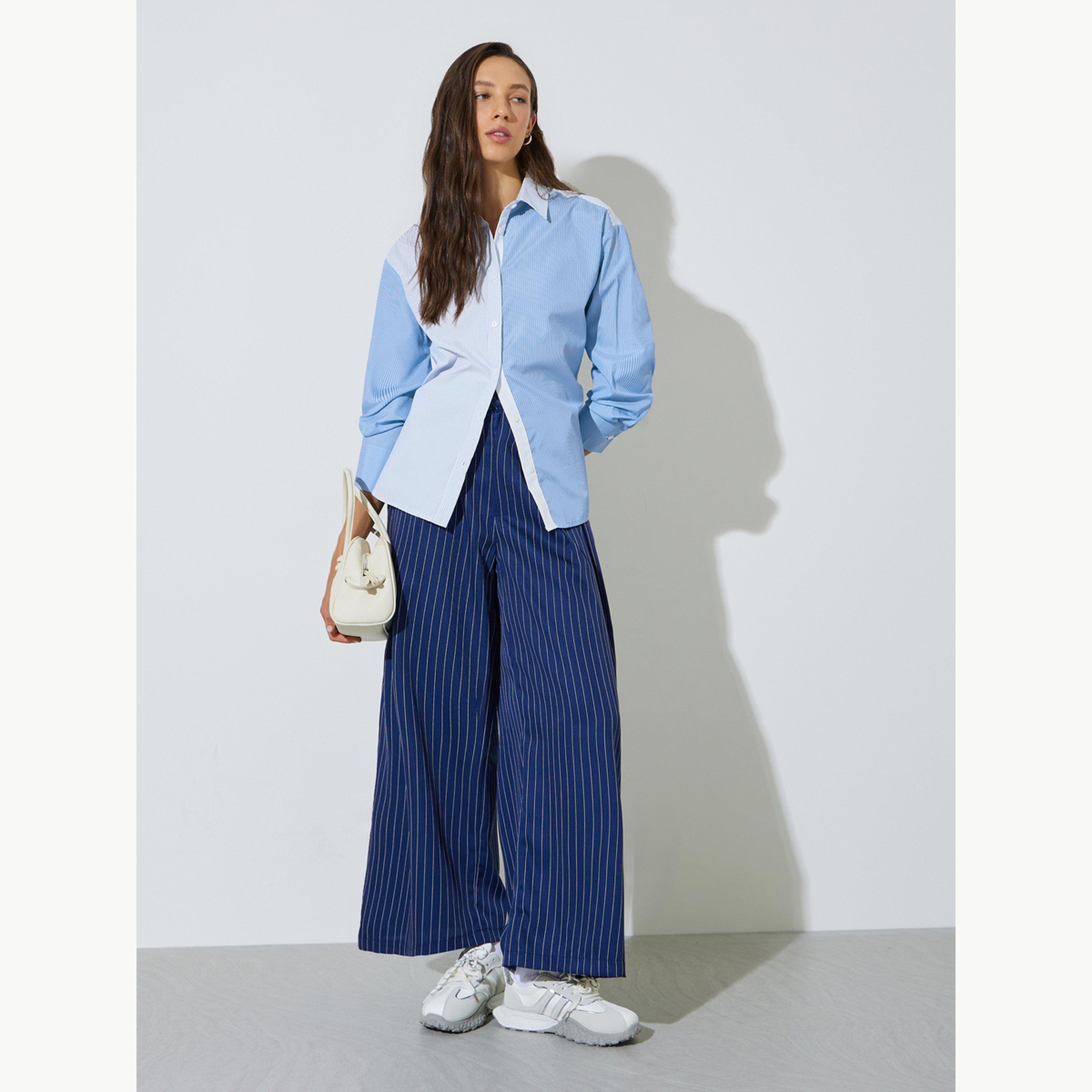 قميص بأكمام طويلة بنمط كتل الالوان ومخطط-women-clothing-shirtsandblouses-shirts-image-2