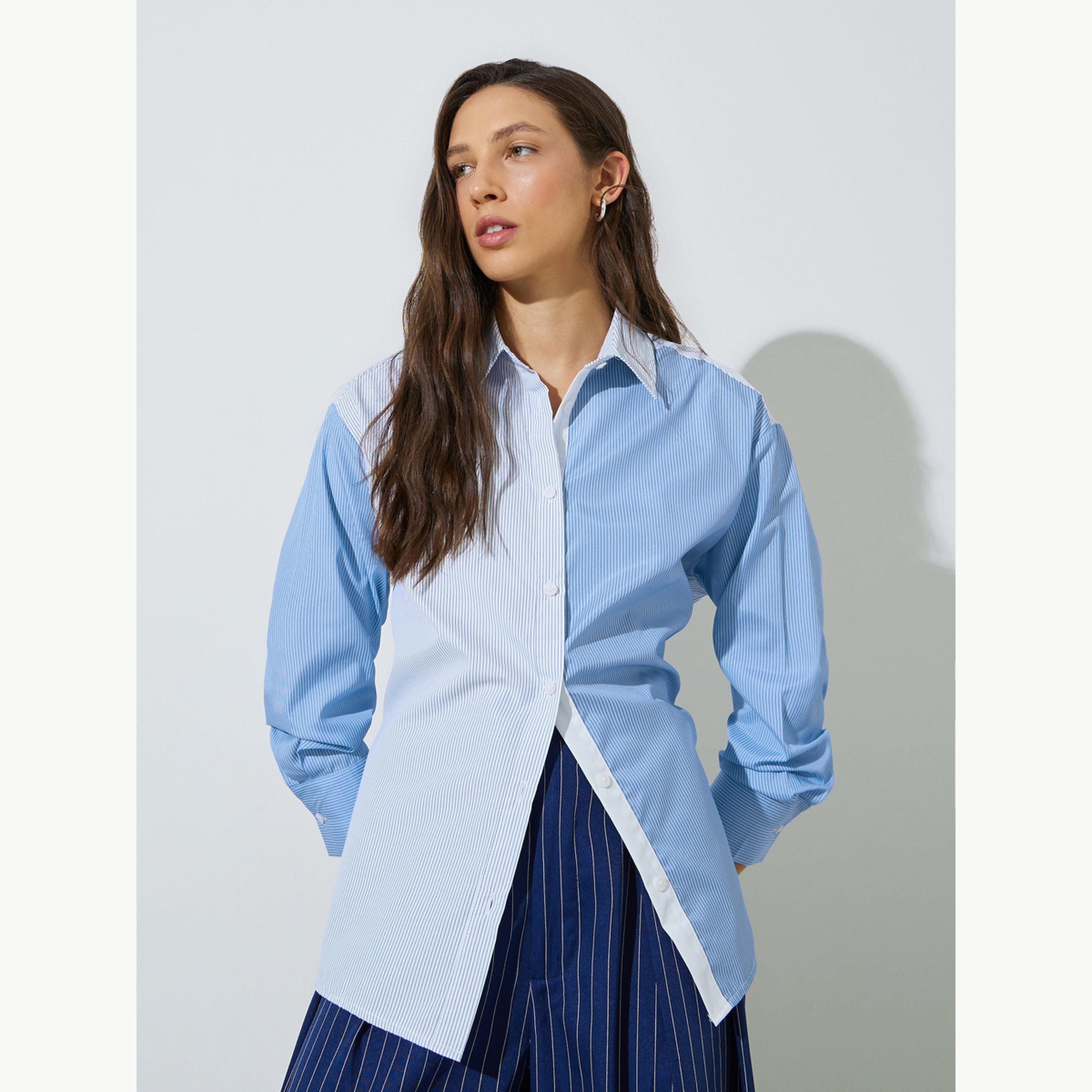 قميص بأكمام طويلة بنمط كتل الالوان ومخطط-women-clothing-shirtsandblouses-shirts-image-3