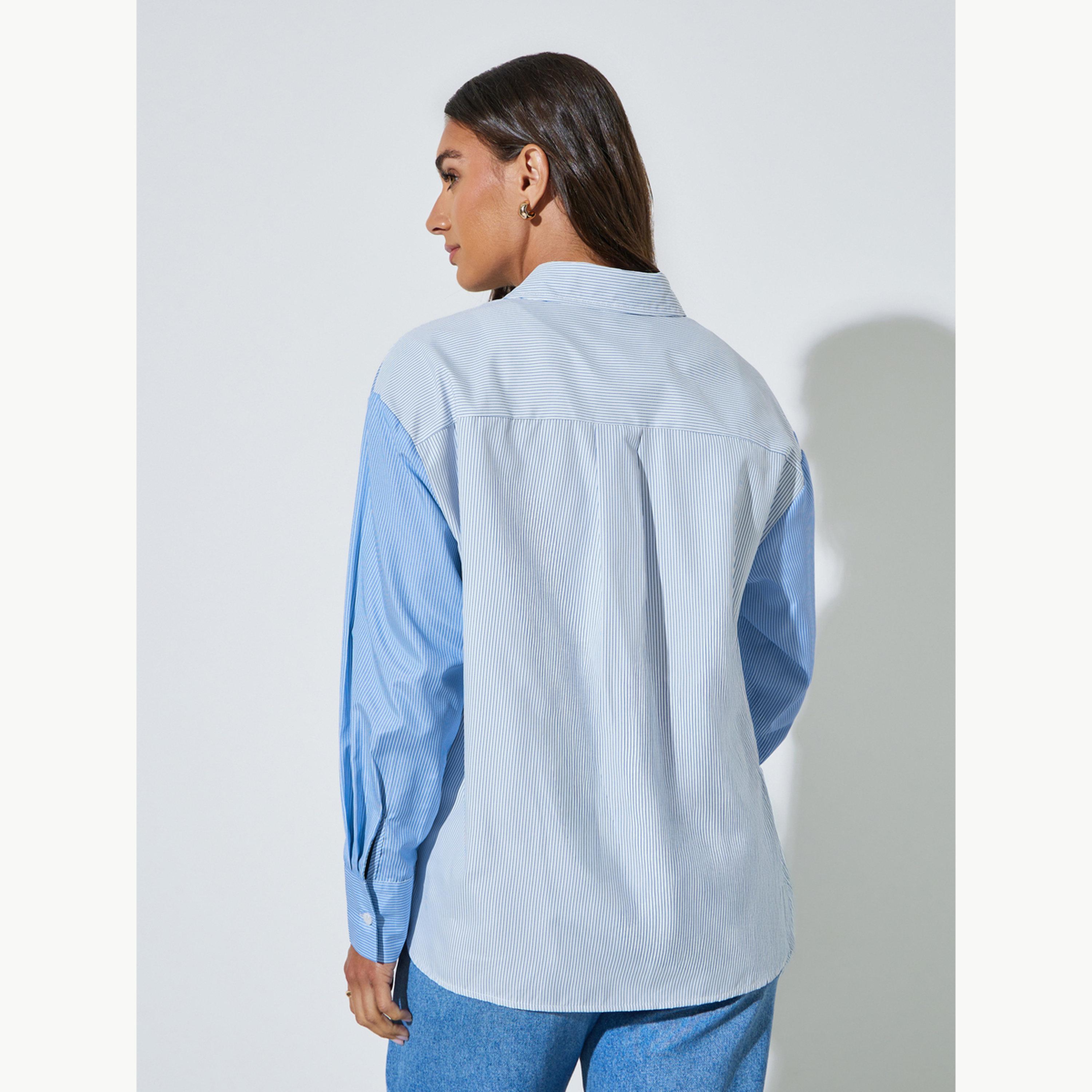 قميص بأكمام طويلة بنمط كتل الالوان ومخطط-women-clothing-shirtsandblouses-shirts-image-4