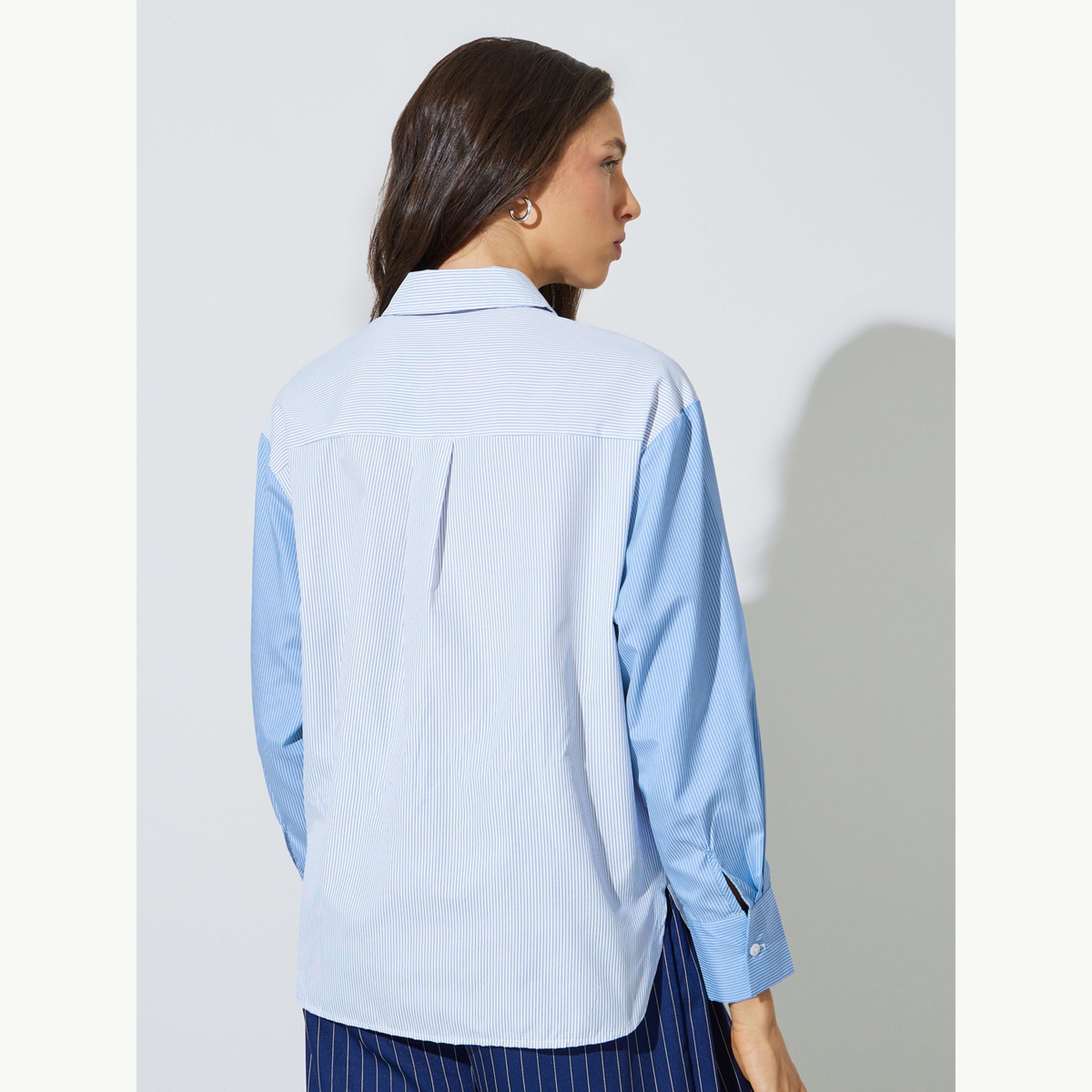 قميص بأكمام طويلة بنمط كتل الالوان ومخطط-women-clothing-shirtsandblouses-shirts-image-5