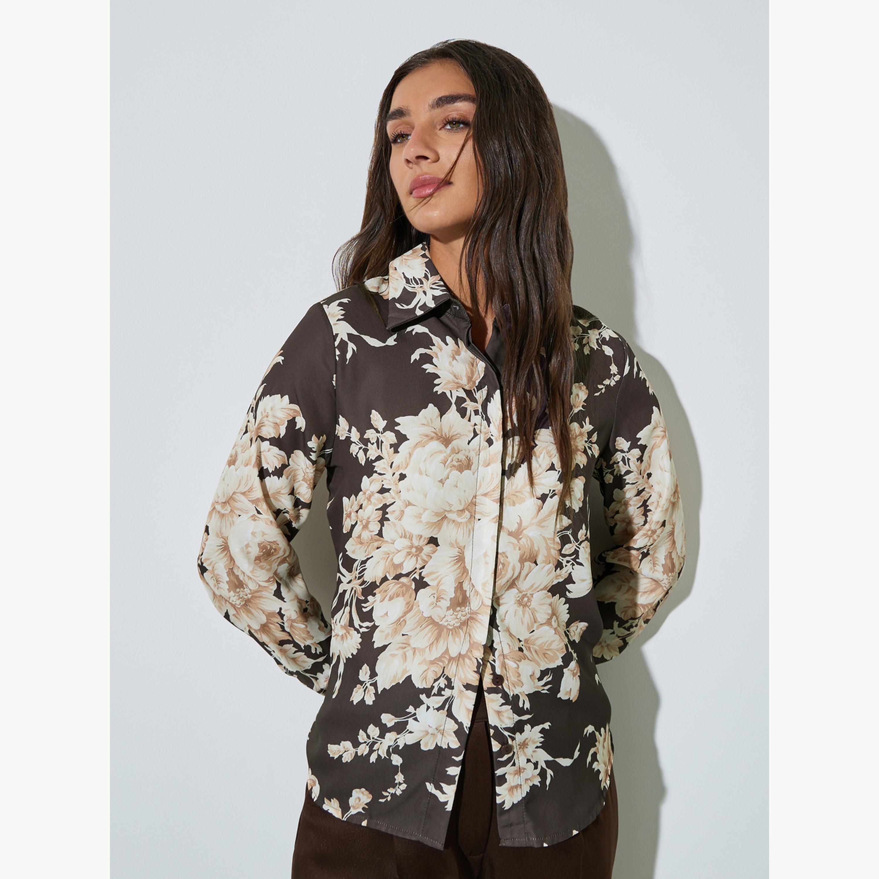 Styli Brown Floral Print Long Sleeve Shirt-women-clothing-shirtsandblouses-shirts-image-1
