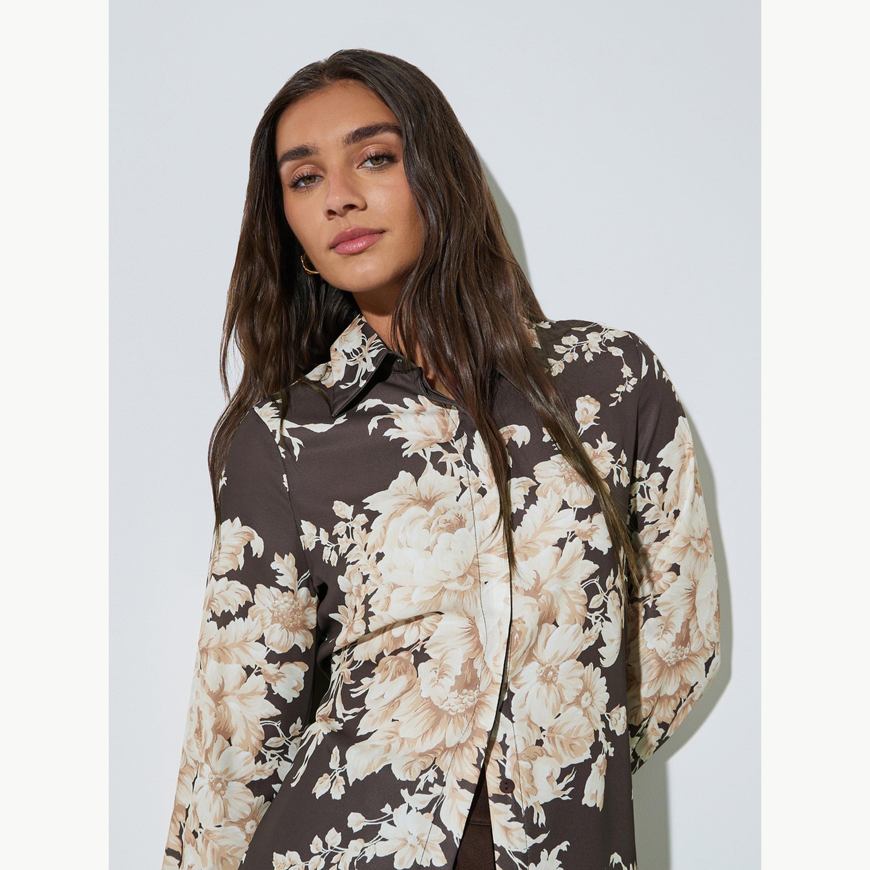 Styli Brown Floral Print Long Sleeve Shirt-women-clothing-shirtsandblouses-shirts-image-3