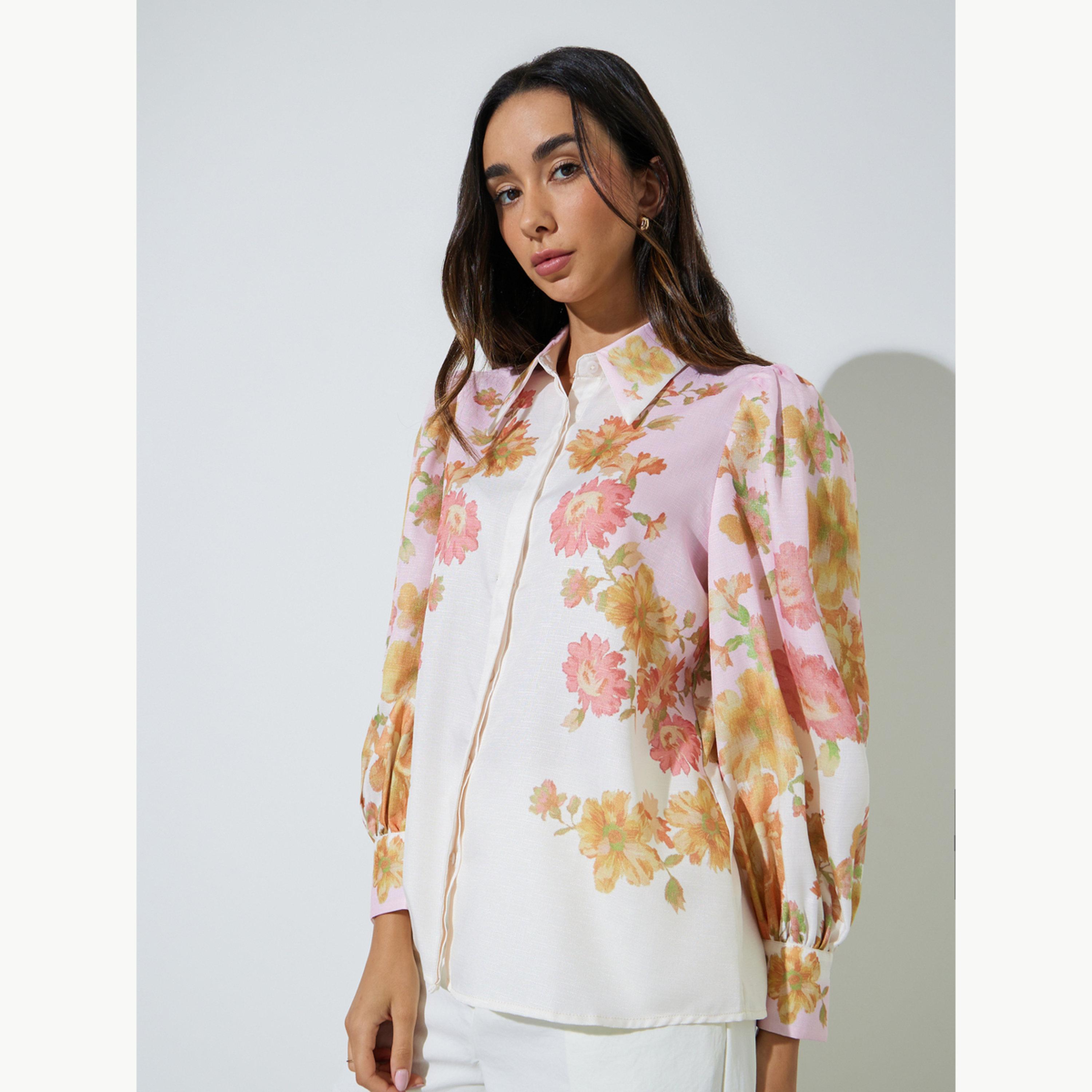 Styli Off White Placement Print Balloon Sleeve Shirt-women-clothing-shirtsandblouses-shirts-image-1