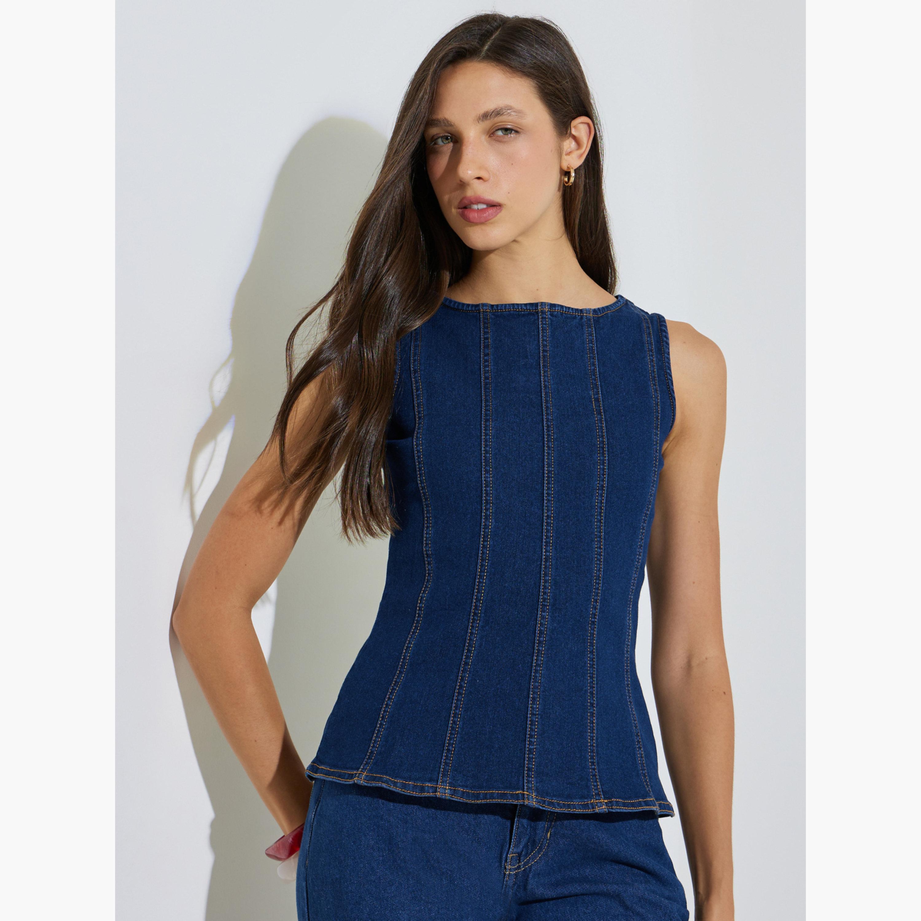 ستايلي - بلوزة جينز زرقاء داكنة بدون أكمام بتصميم بيبلوم-women-clothing-shirtsandblouses-blouses-image-1