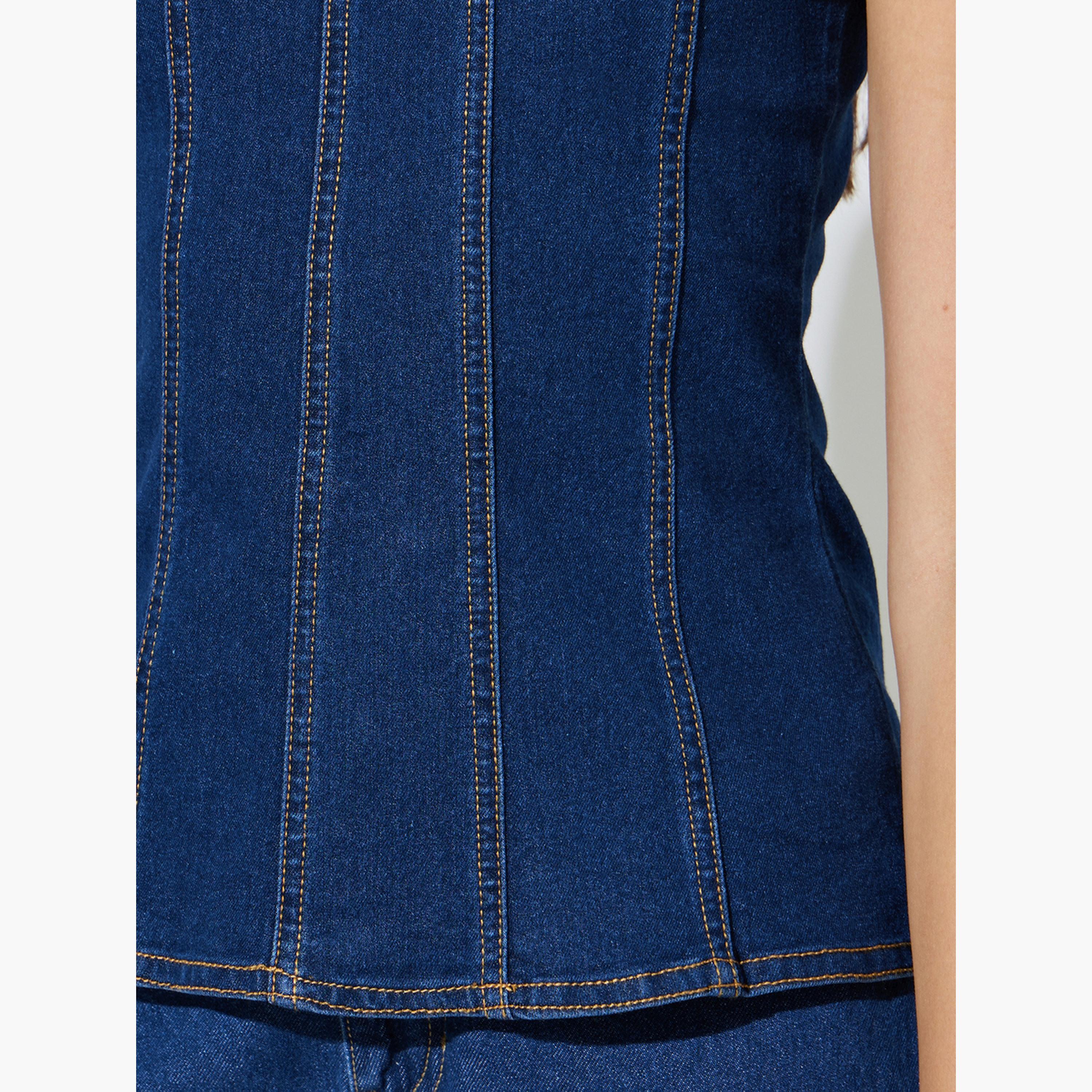 ستايلي - بلوزة جينز زرقاء داكنة بدون أكمام بتصميم بيبلوم-women-clothing-shirtsandblouses-blouses-image-6
