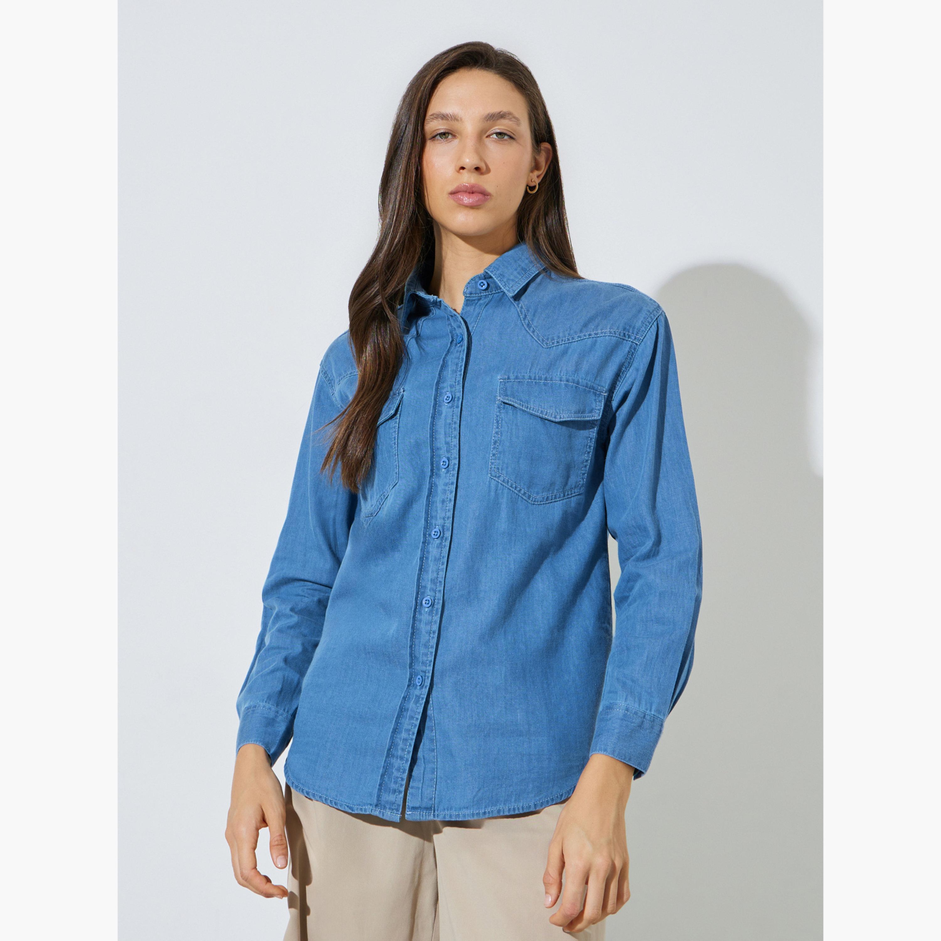 بلوزة دنيم قطن بقصة مريحة وجيوب-women-clothing-shirtsandblouses-shirts-image-1