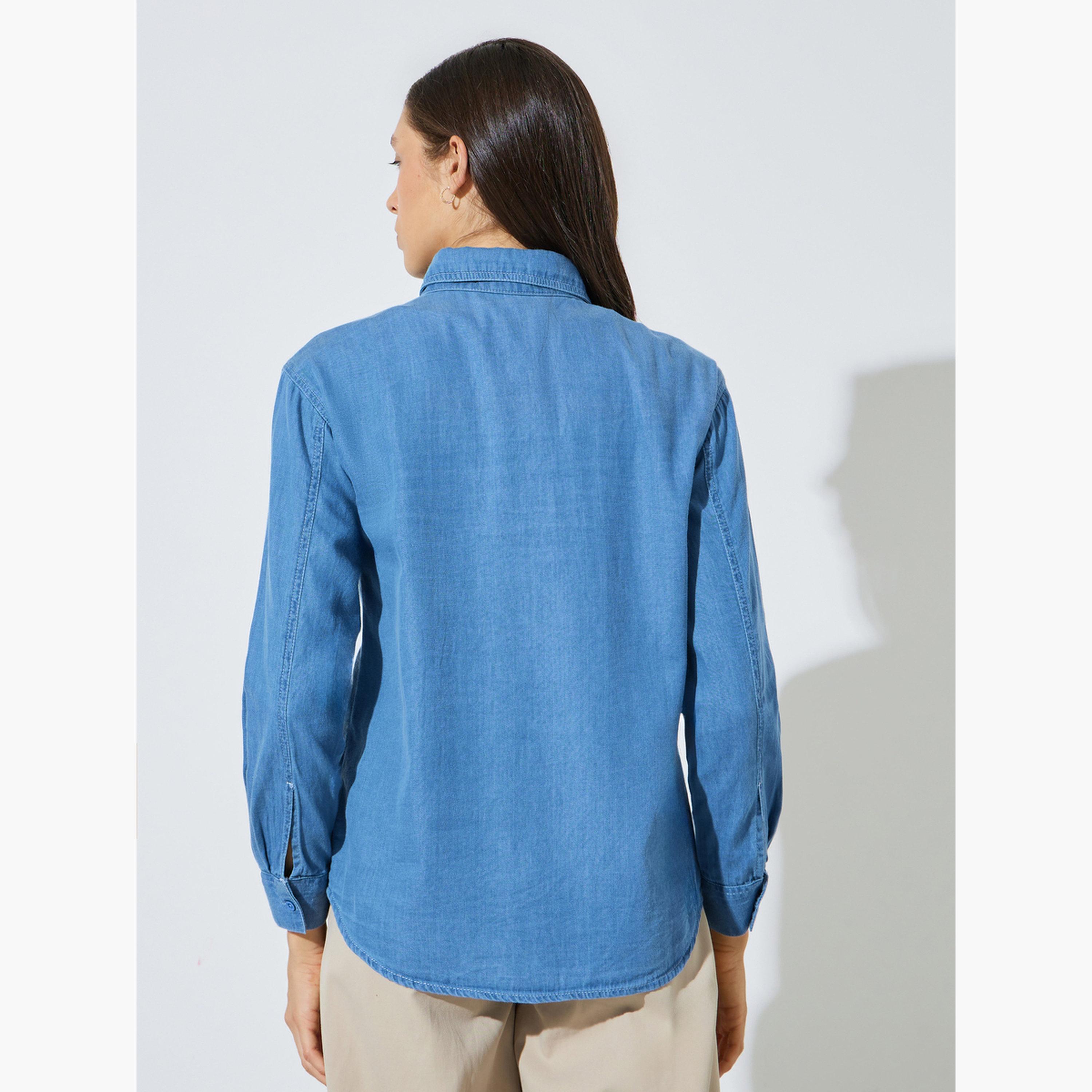 بلوزة دنيم قطن بقصة مريحة وجيوب-women-clothing-shirtsandblouses-shirts-image-4