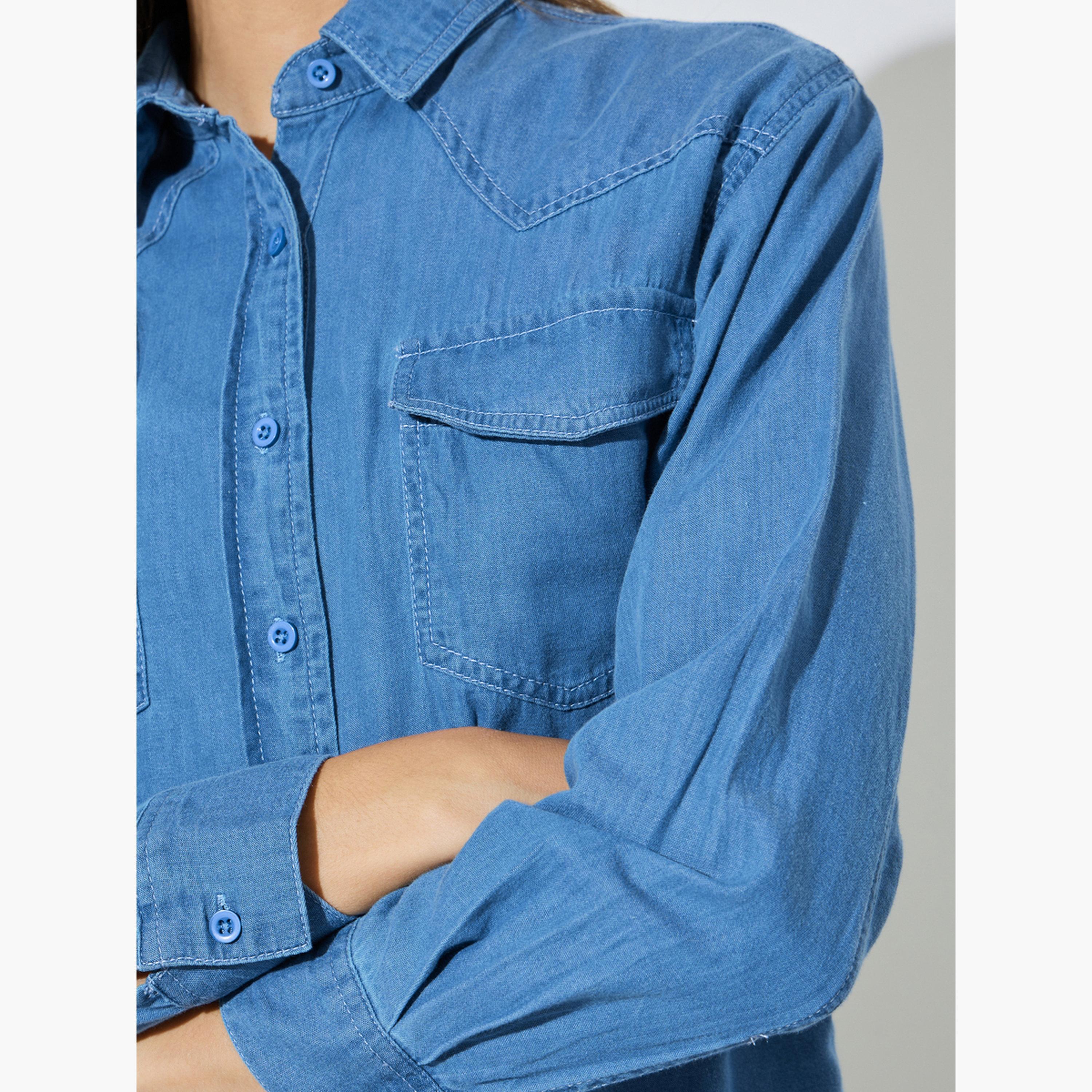 بلوزة دنيم قطن بقصة مريحة وجيوب-women-clothing-shirtsandblouses-shirts-image-5