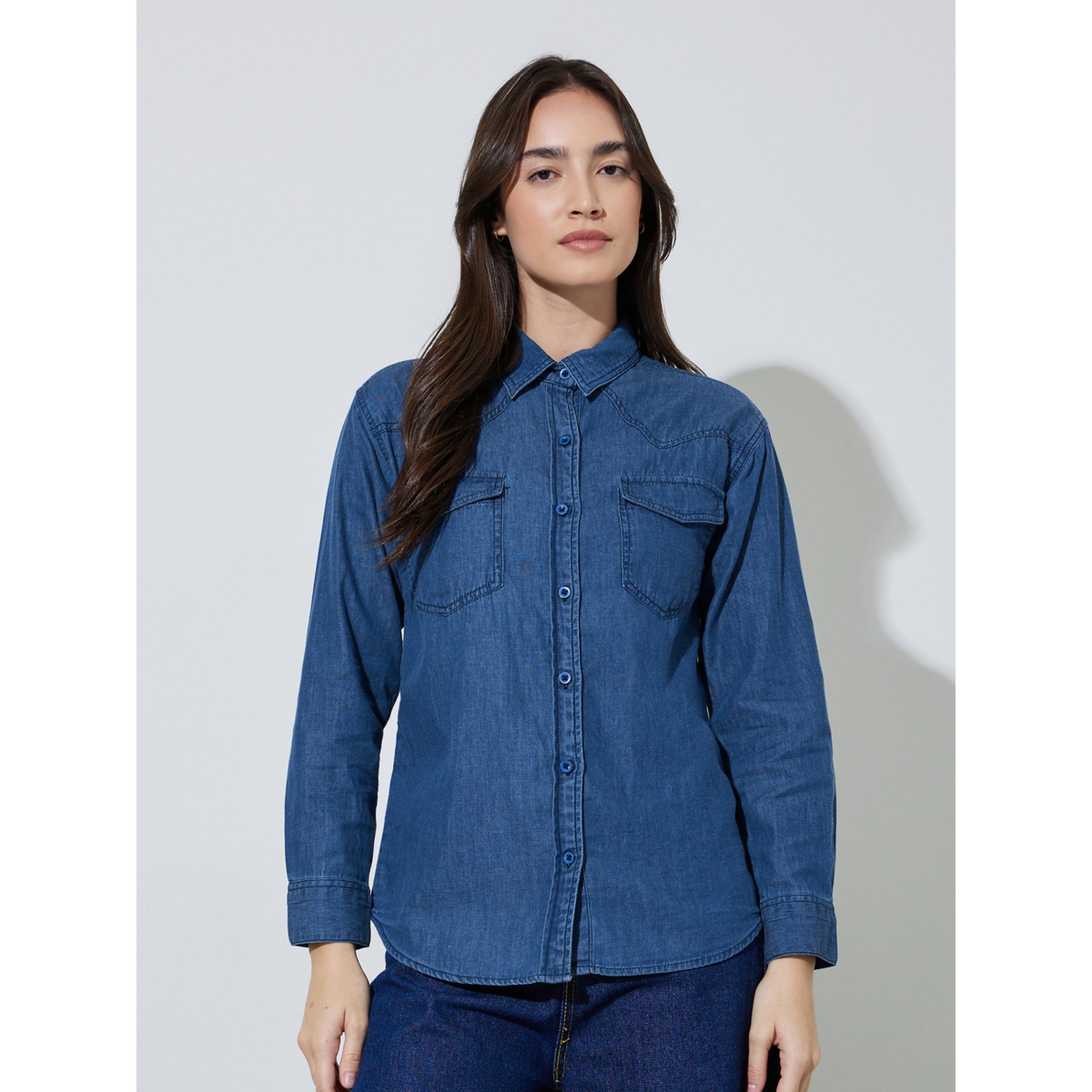 قميص دنيم قطن بجيوب وقصة مريحة-women-clothing-shirtsandblouses-shirts-image-1