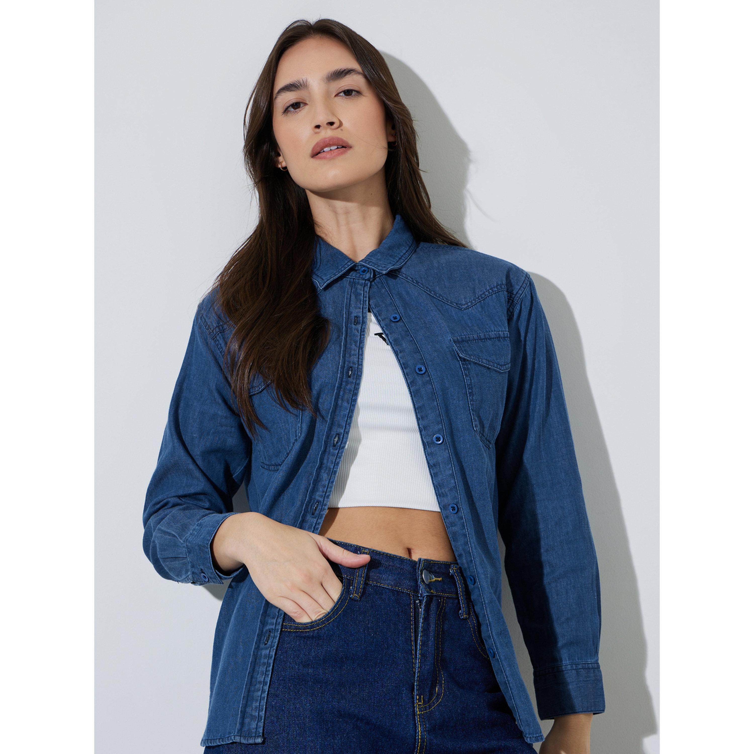 قميص دنيم قطن بجيوب وقصة مريحة-women-clothing-shirtsandblouses-shirts-image-3