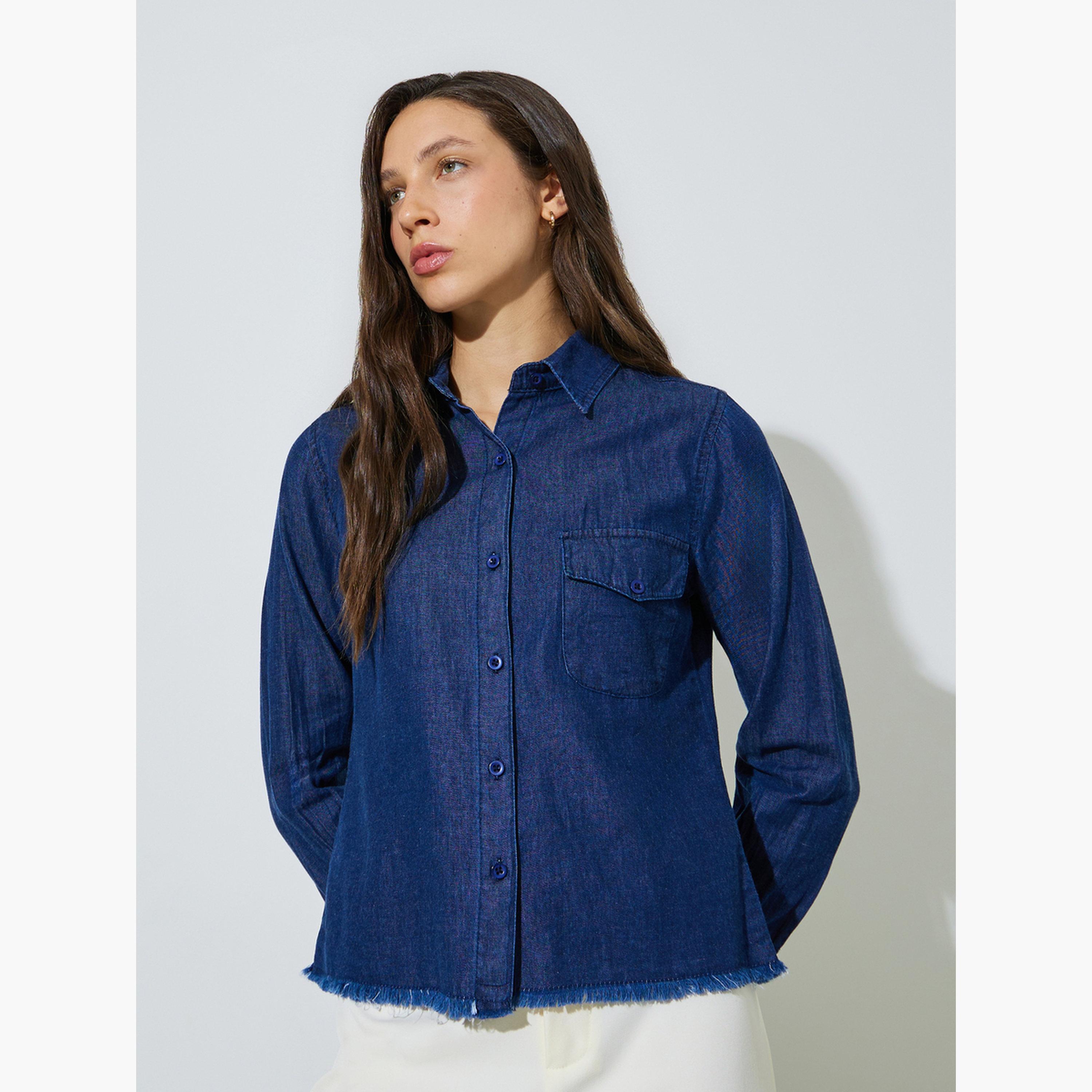 Styli Dark Blue Frayed Edge Denim Shirt-women-clothing-shirtsandblouses-shirts-image-1