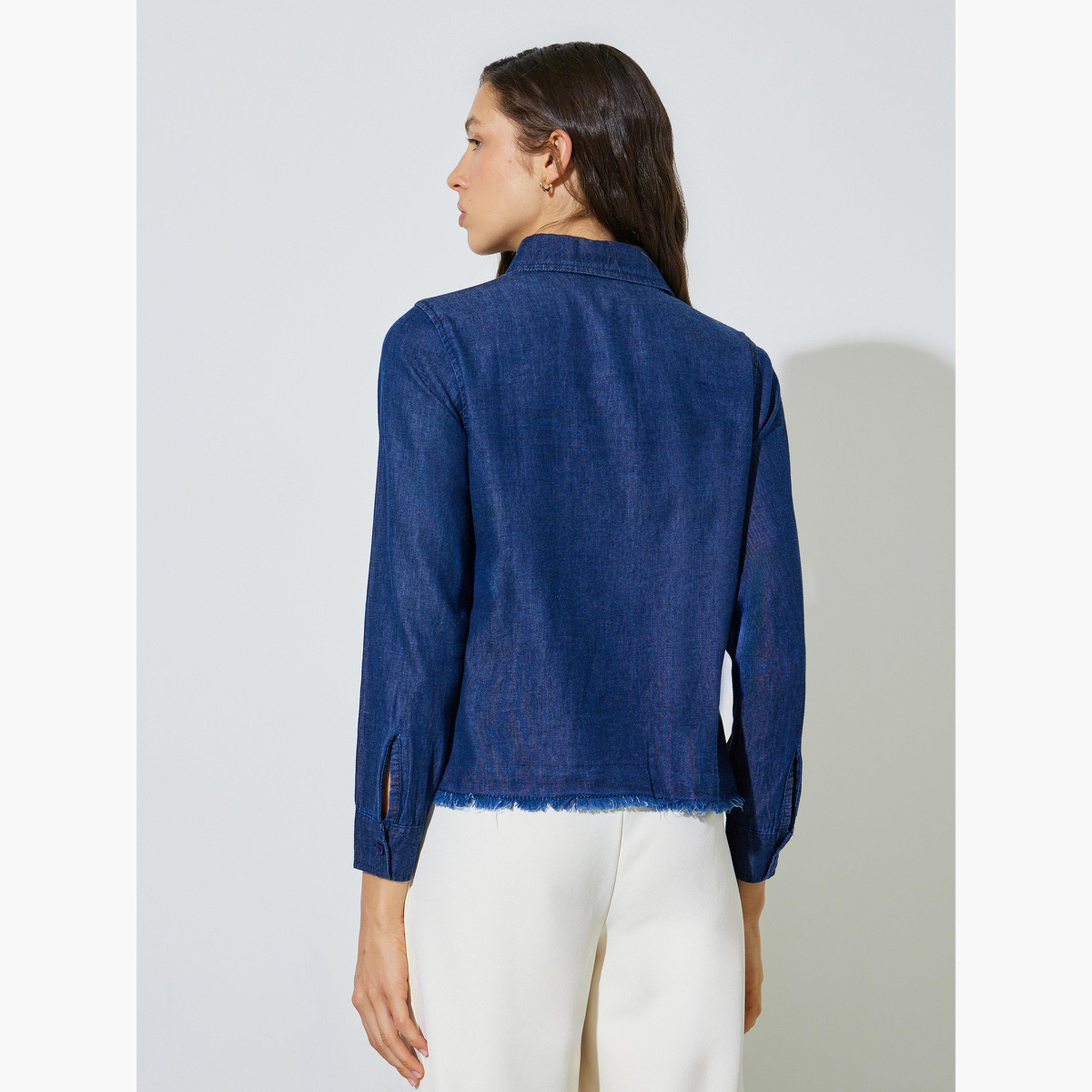 Styli Dark Blue Frayed Edge Denim Shirt-women-clothing-shirtsandblouses-shirts-image-4