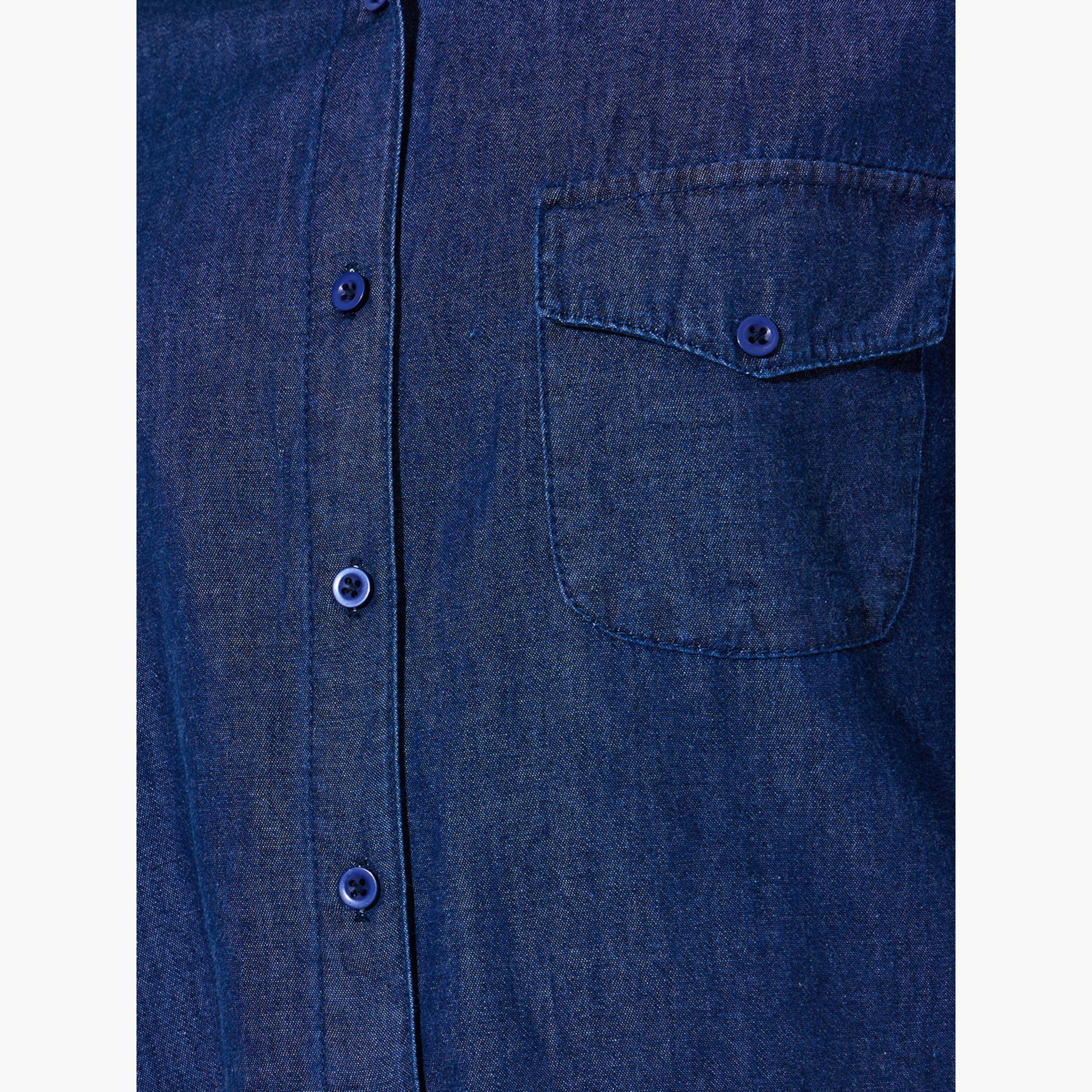 Styli Dark Blue Frayed Edge Denim Shirt-women-clothing-shirtsandblouses-shirts-image-5
