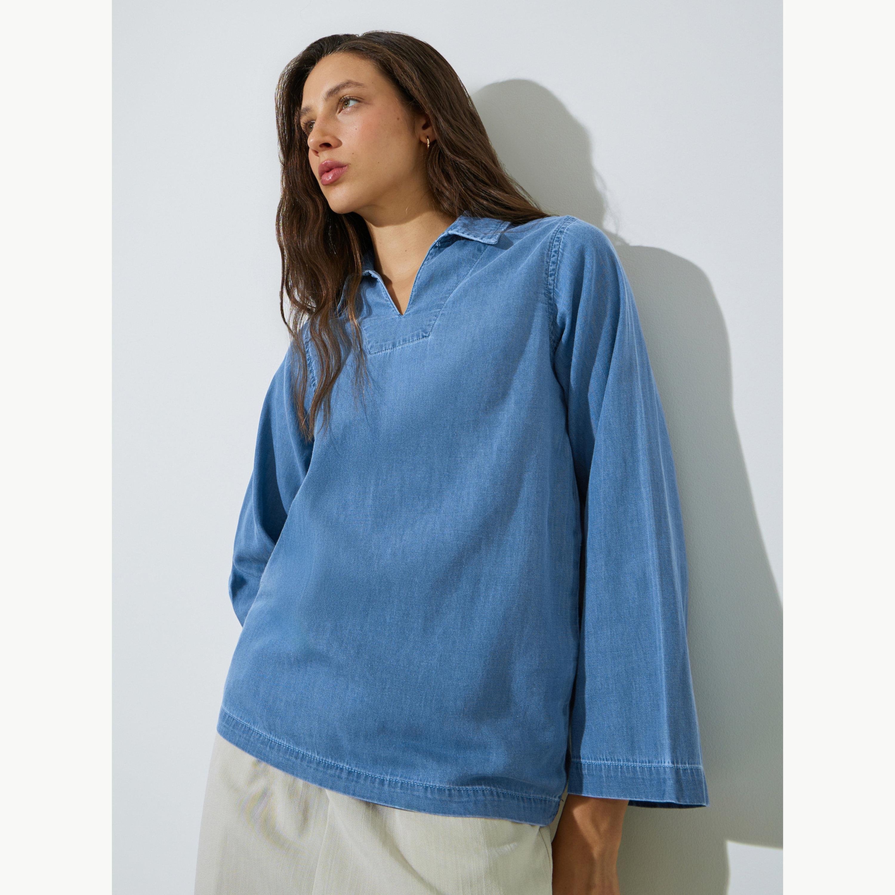 Styli Blue Open Collar Denim Top-women-clothing-shirtsandblouses-blouses-image-1