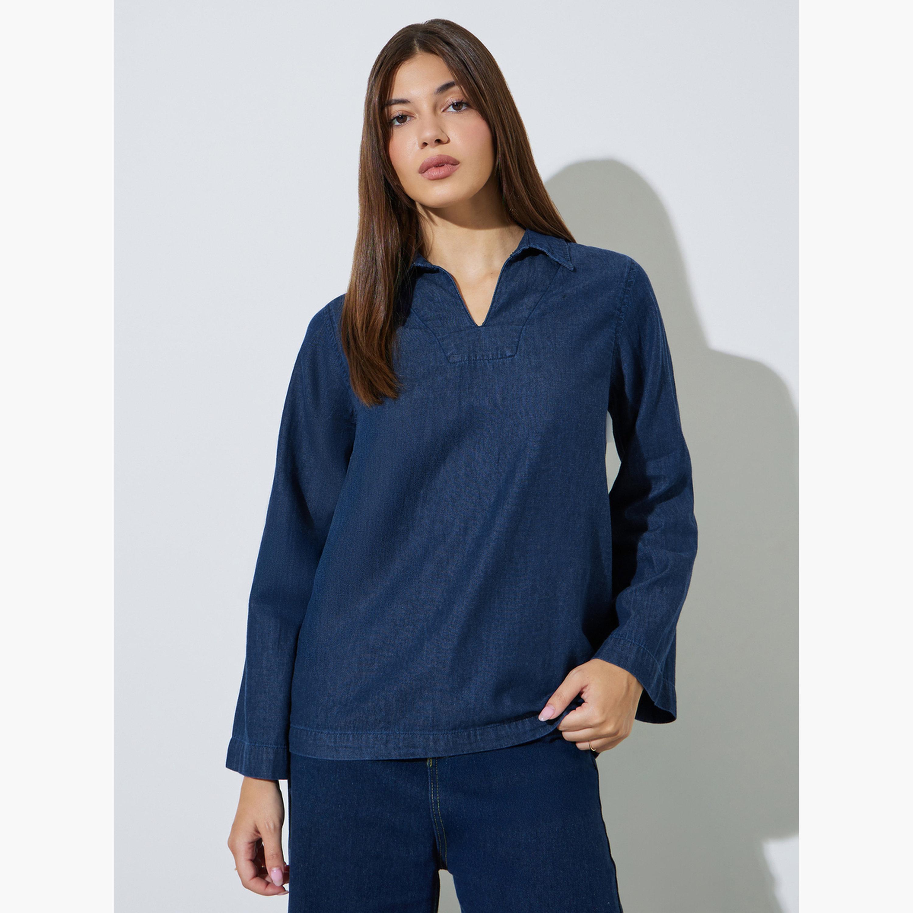 Styli Dark Blue Open Collar Denim Top-women-clothing-shirtsandblouses-blouses-image-1