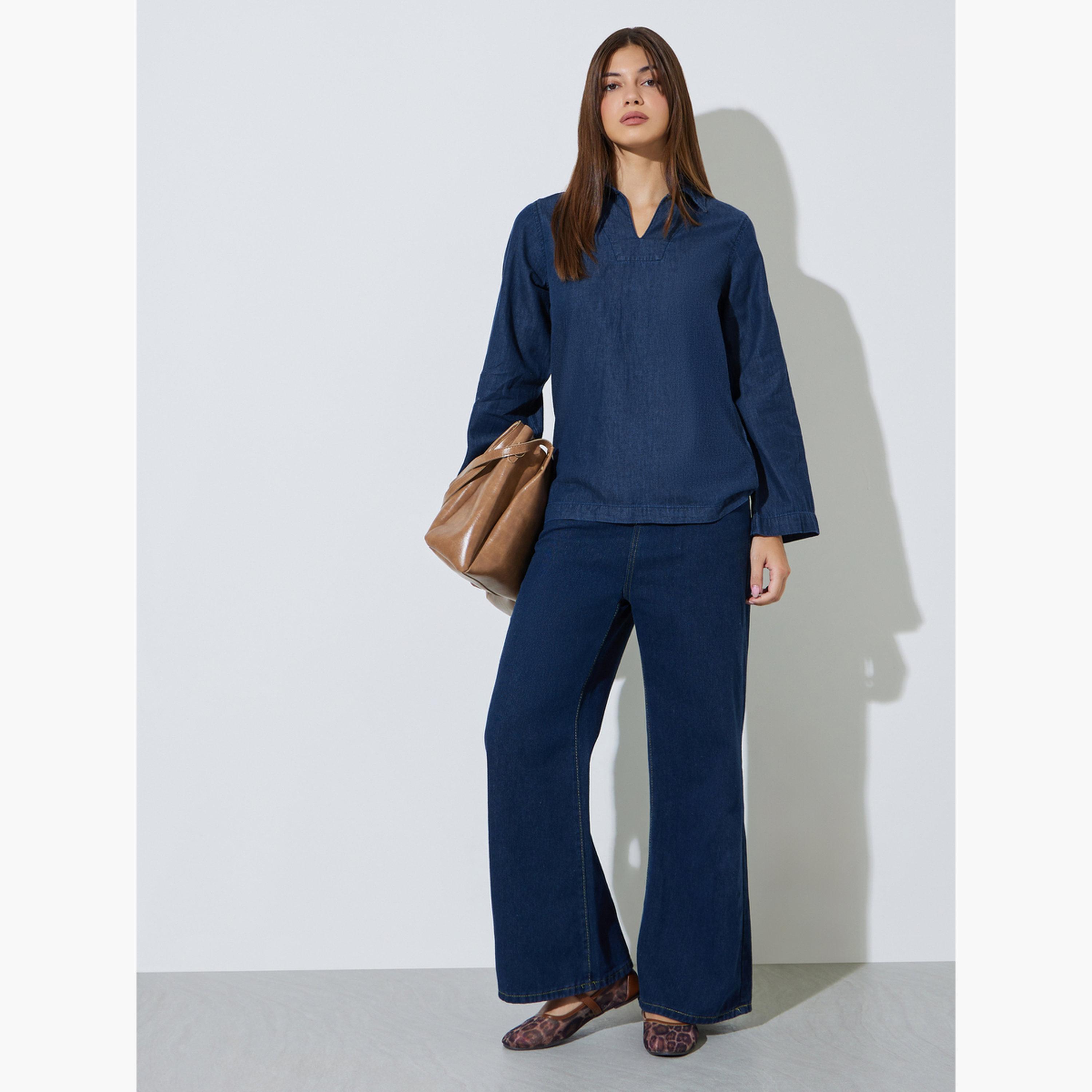 Styli Dark Blue Open Collar Denim Top-women-clothing-shirtsandblouses-blouses-image-2