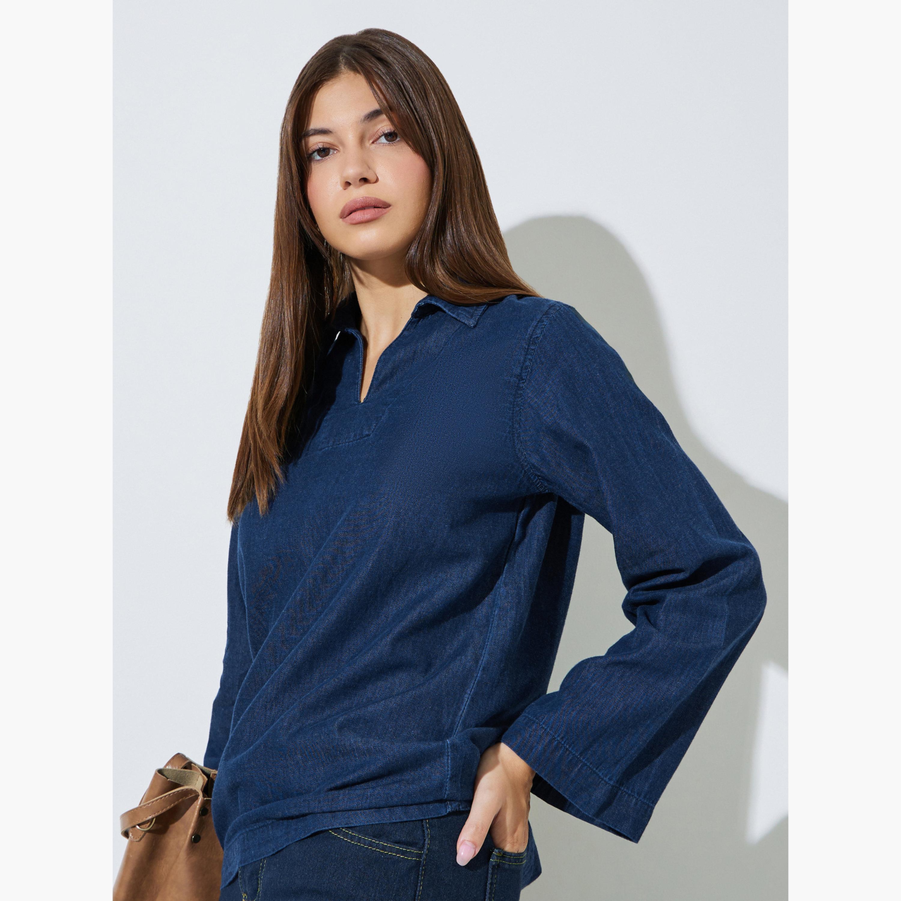 Styli Dark Blue Open Collar Denim Top-women-clothing-shirtsandblouses-blouses-image-3
