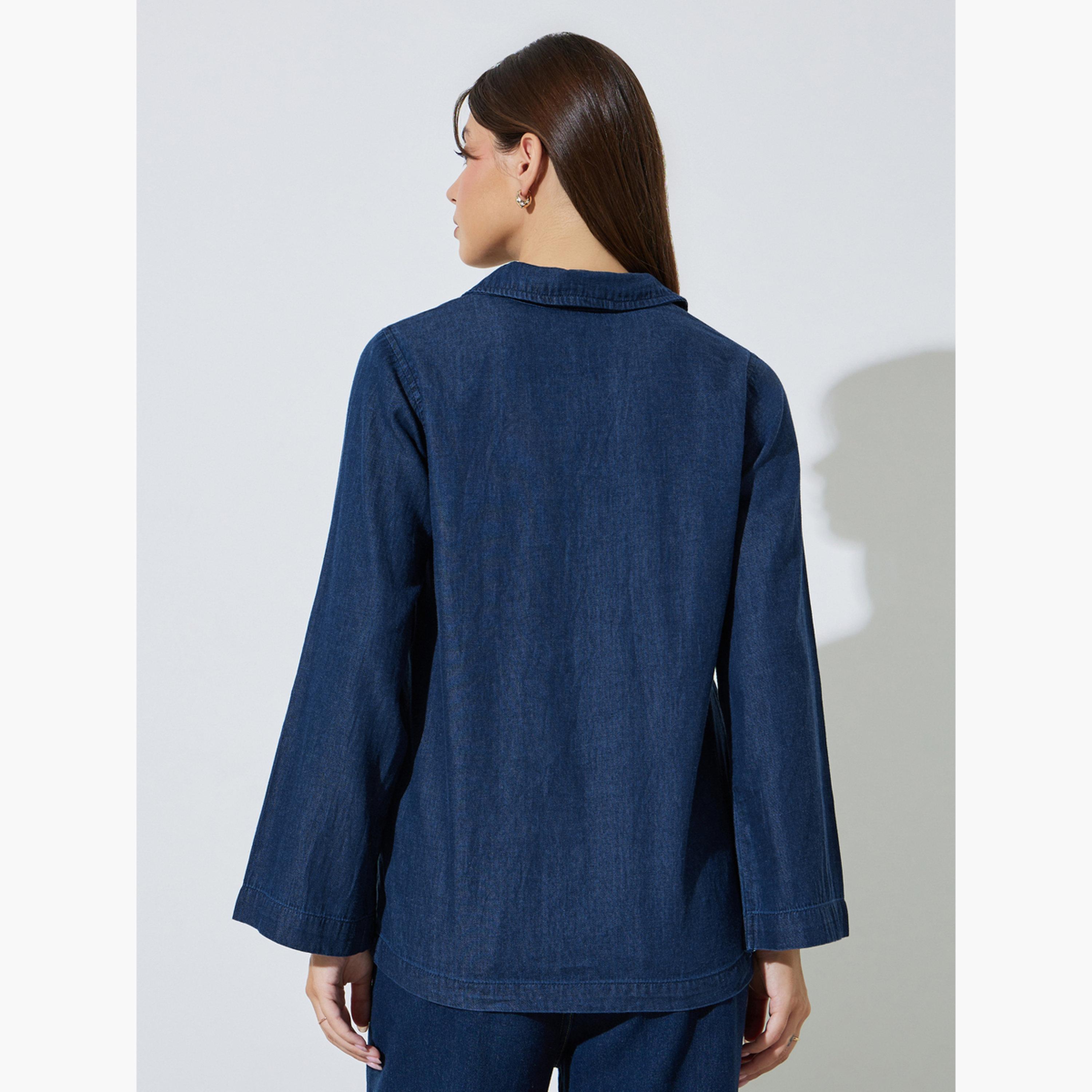 Styli Dark Blue Open Collar Denim Top-women-clothing-shirtsandblouses-blouses-image-4