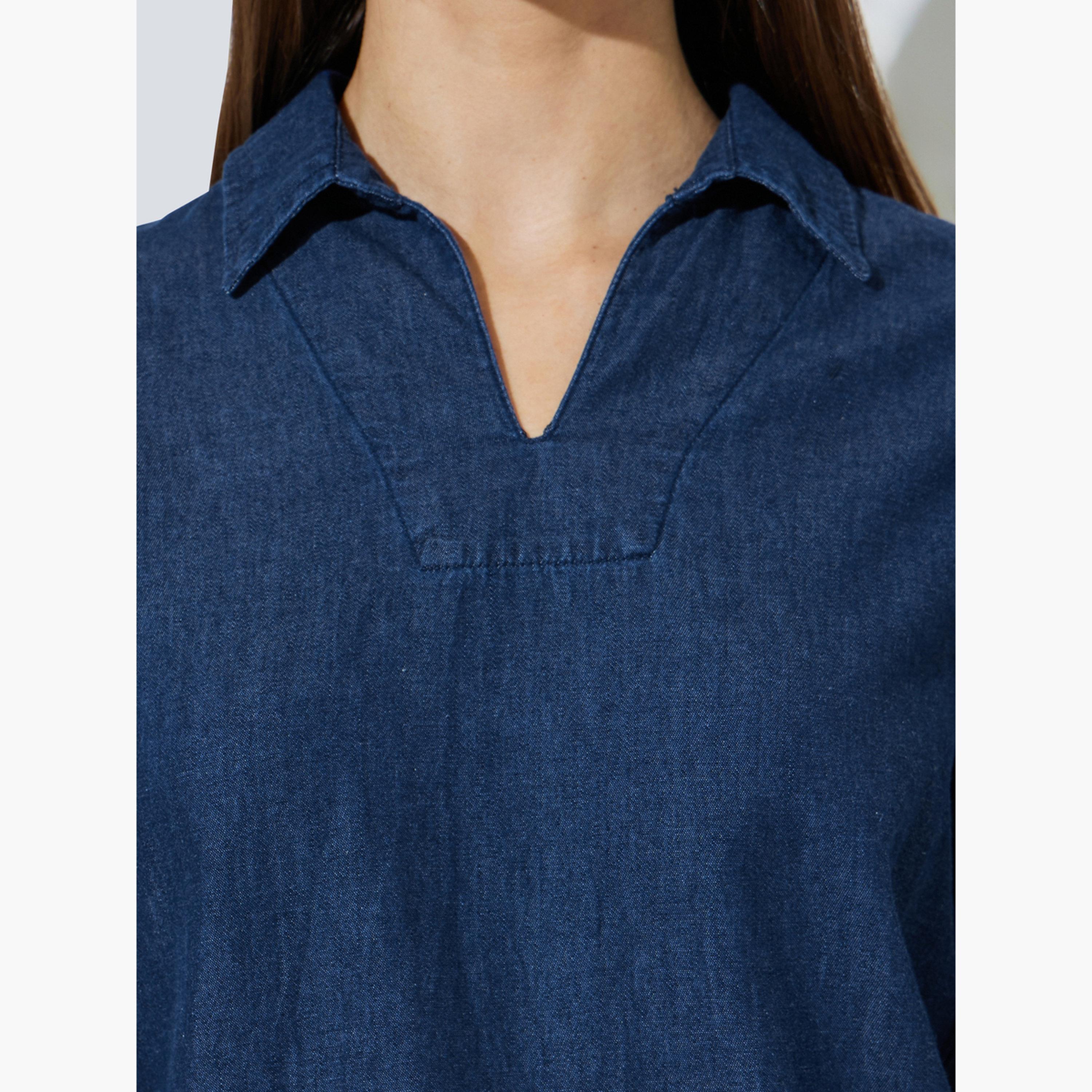 Styli Dark Blue Open Collar Denim Top-women-clothing-shirtsandblouses-blouses-image-5