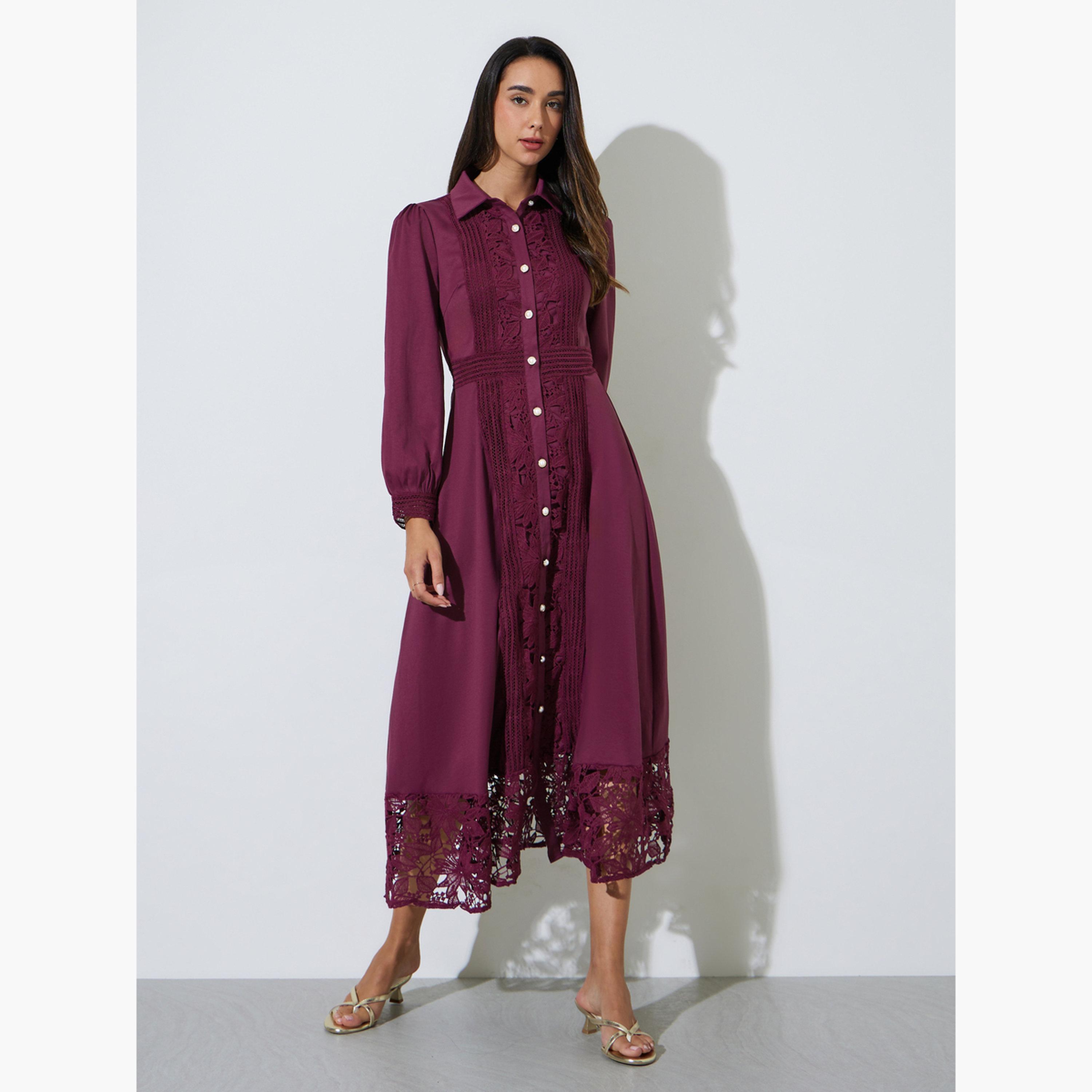 Styli Burgundy Lace Trim Shirt Maxi Dress-women-clothing-dresses-image-1