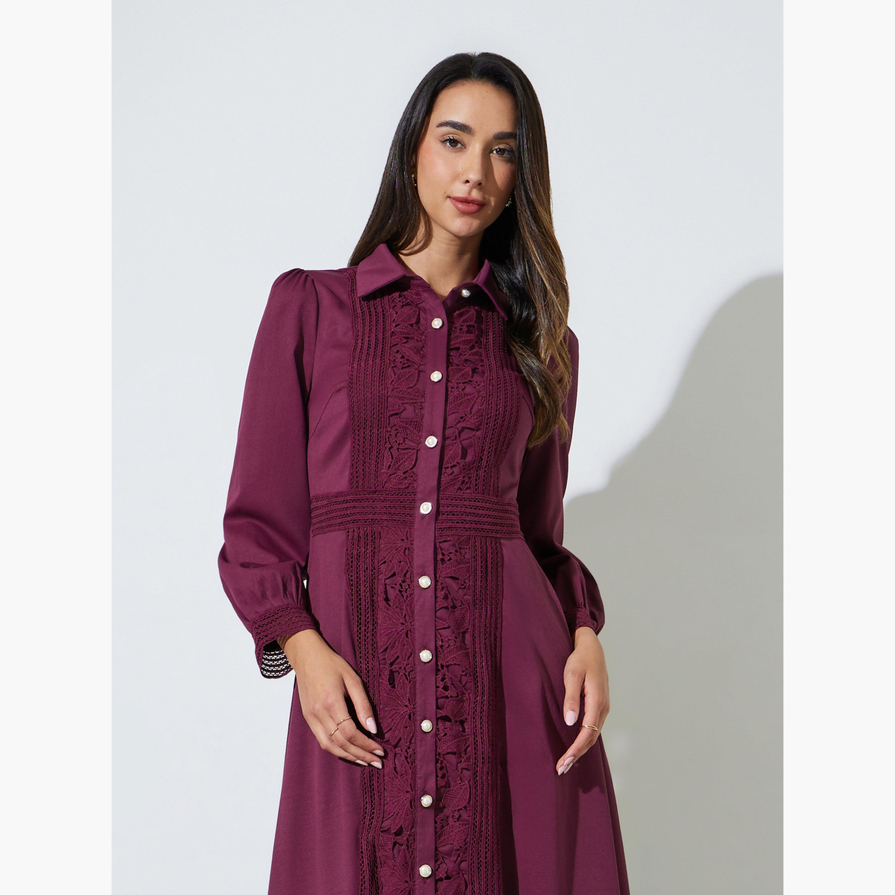 Styli Burgundy Lace Trim Shirt Maxi Dress-women-clothing-dresses-image-2