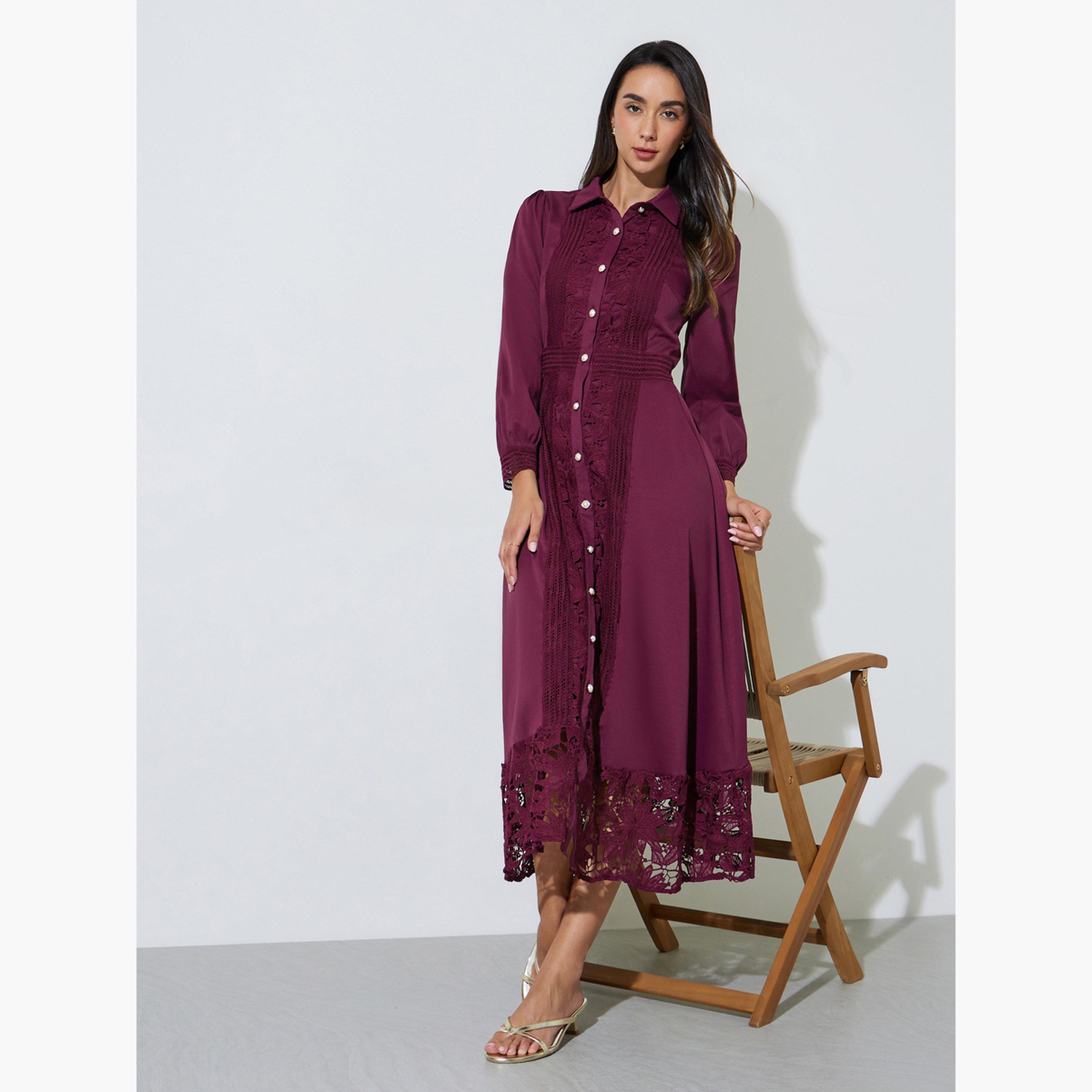Styli Burgundy Lace Trim Shirt Maxi Dress-women-clothing-dresses-image-3