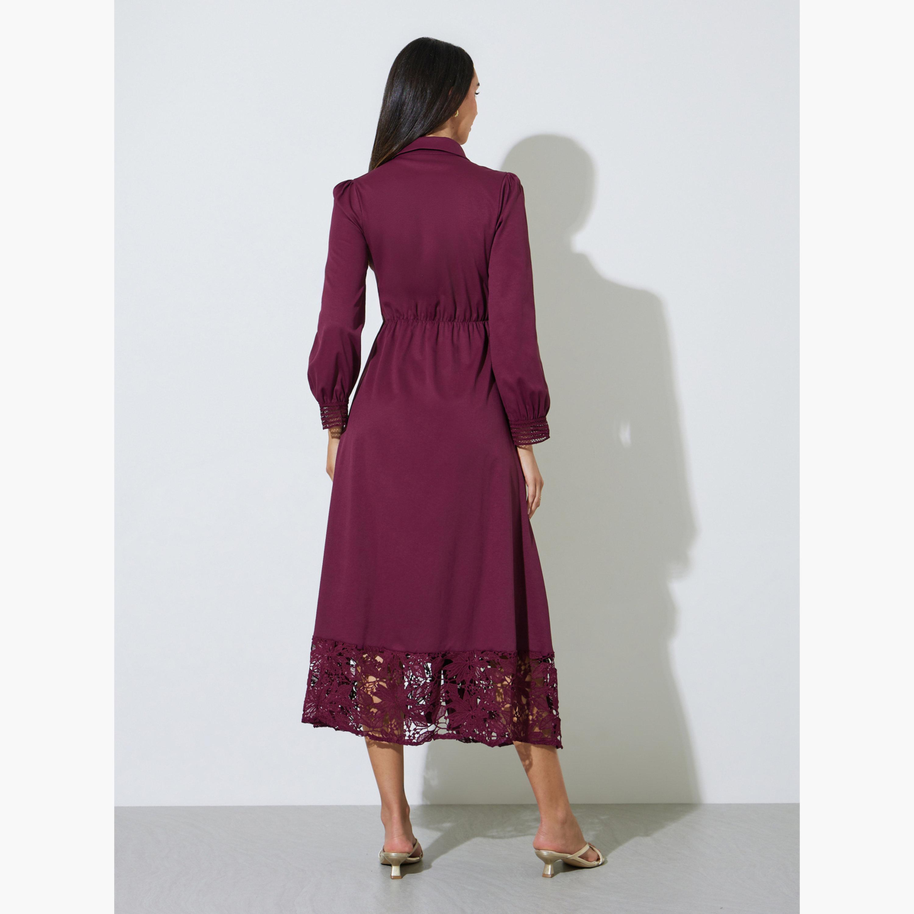 Styli Burgundy Lace Trim Shirt Maxi Dress-women-clothing-dresses-image-4