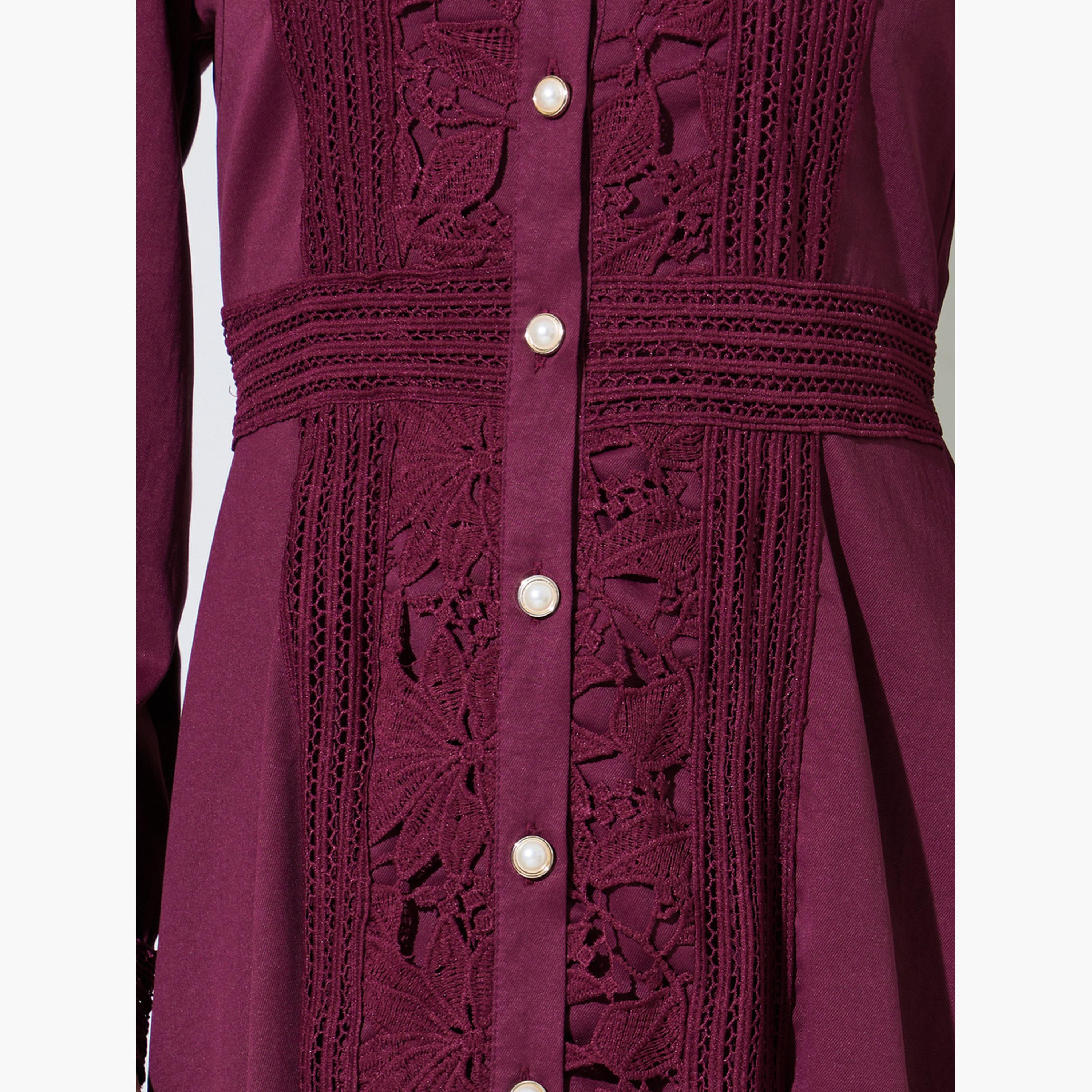 Styli Burgundy Lace Trim Shirt Maxi Dress-women-clothing-dresses-image-5