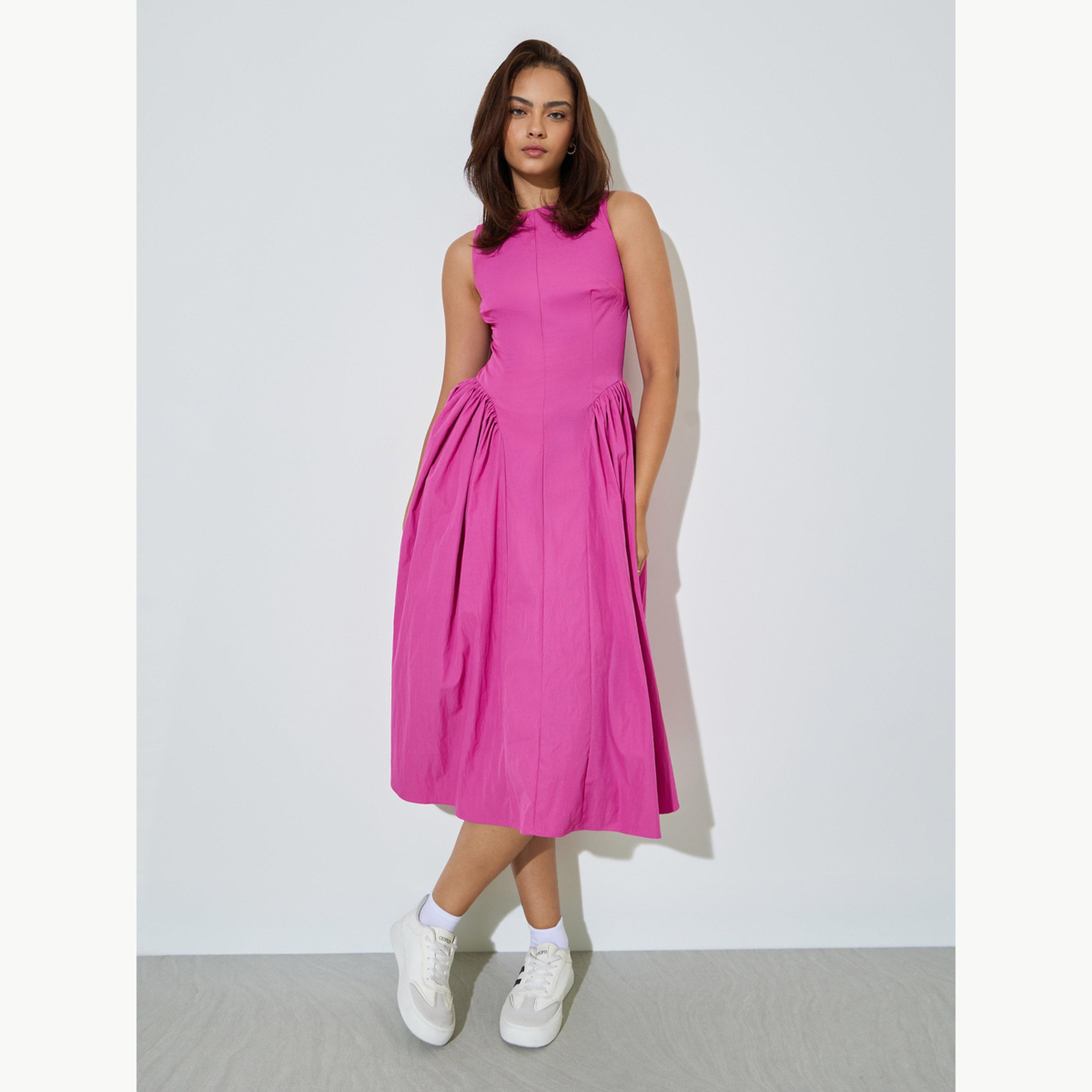Styli Pink Sleeveless Midi Dress with Side Pleats-women-clothing-dresses-image-1