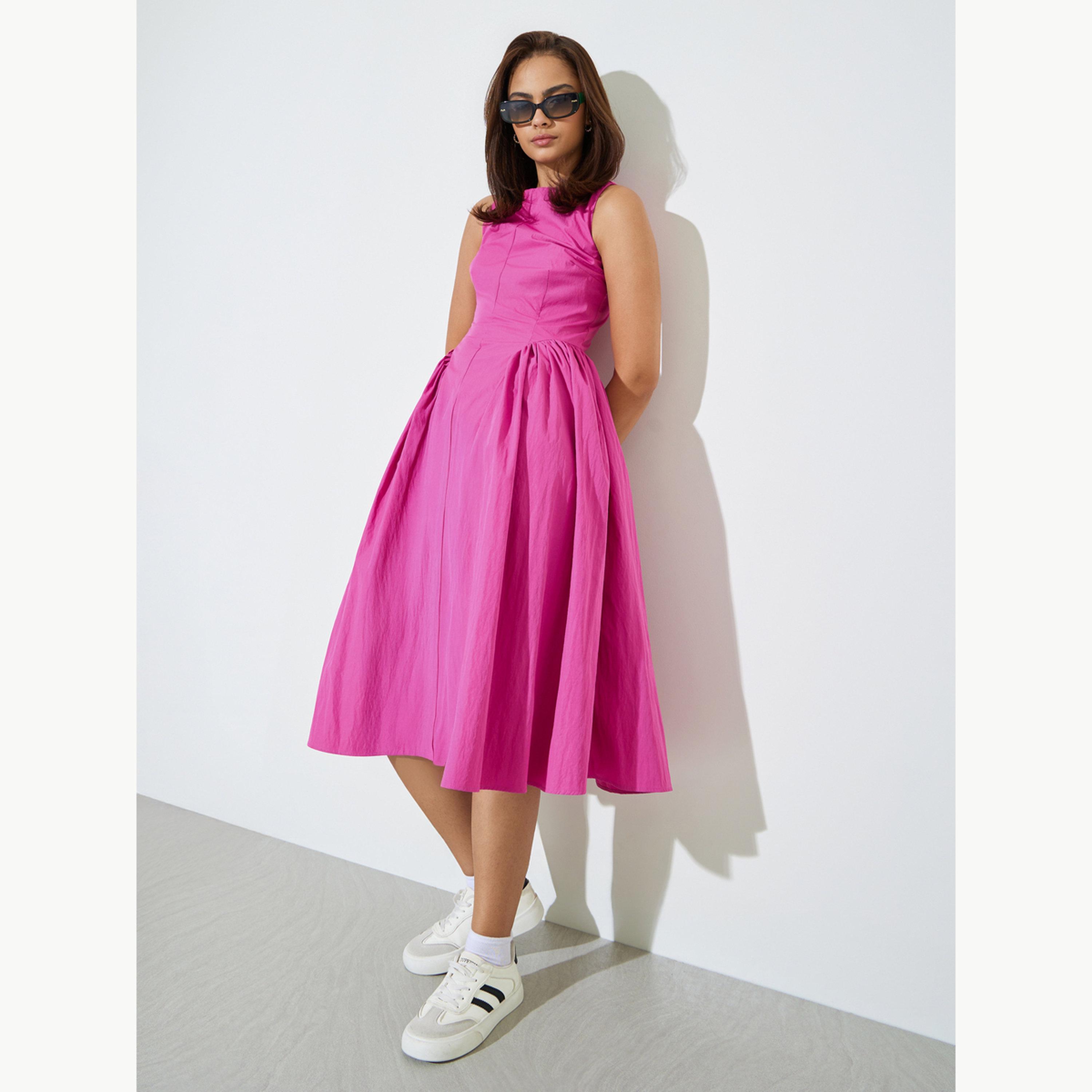 Styli Pink Sleeveless Midi Dress with Side Pleats-women-clothing-dresses-image-2