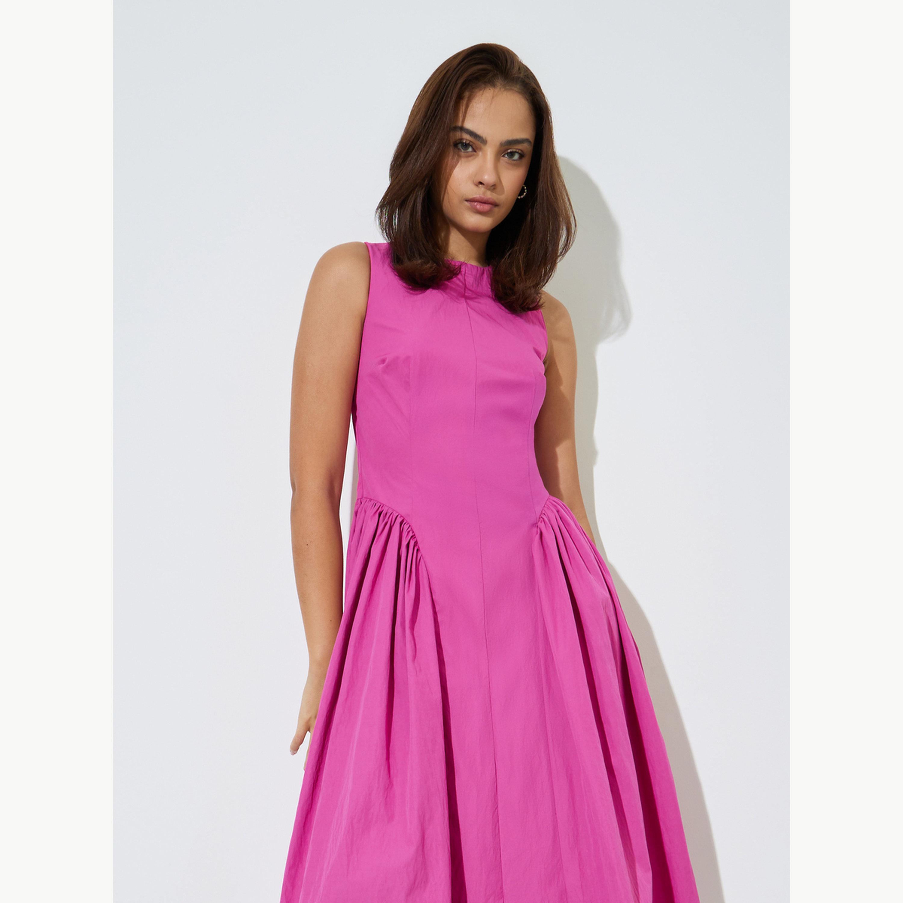 Styli Pink Sleeveless Midi Dress with Side Pleats-women-clothing-dresses-image-3