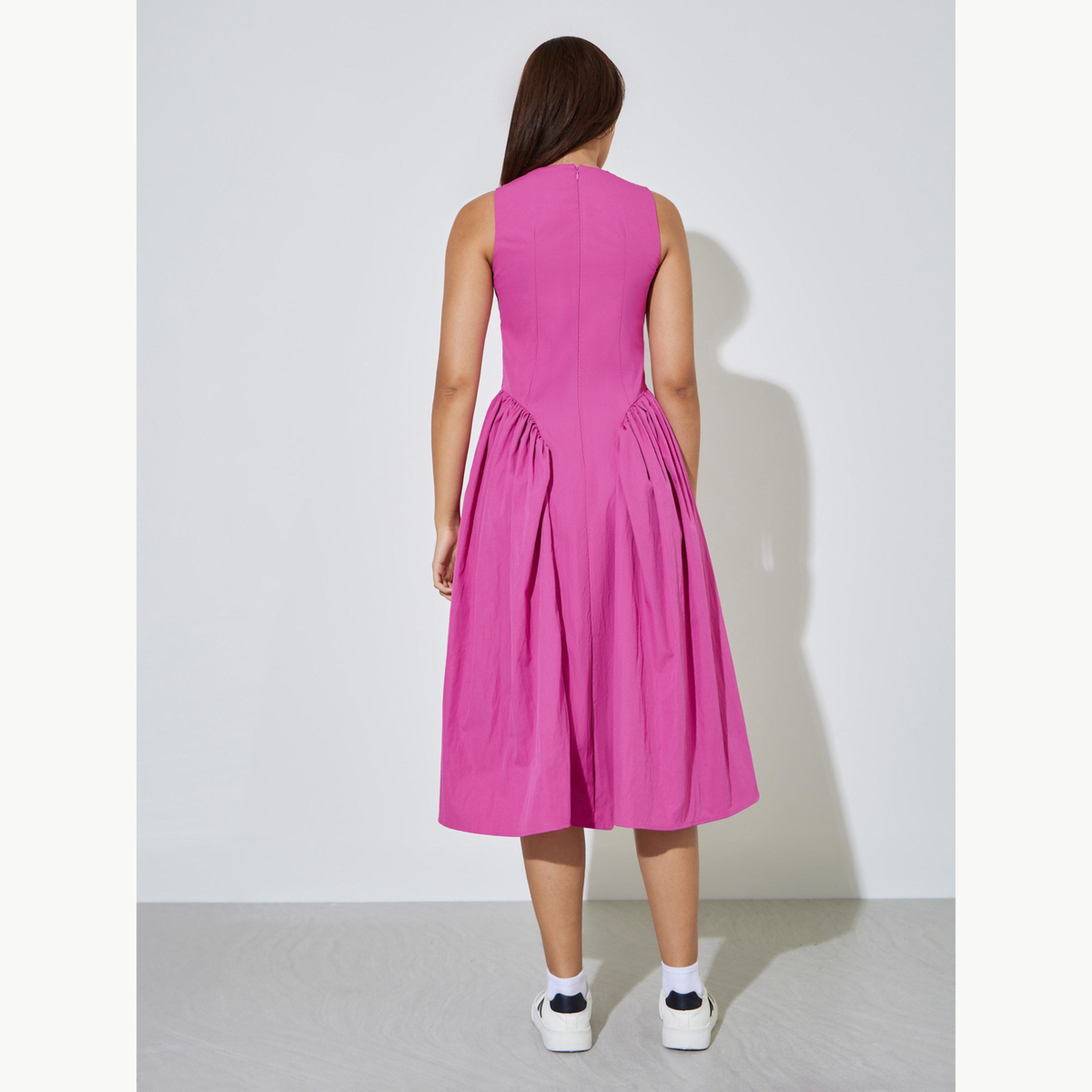 Styli Pink Sleeveless Midi Dress with Side Pleats-women-clothing-dresses-image-4