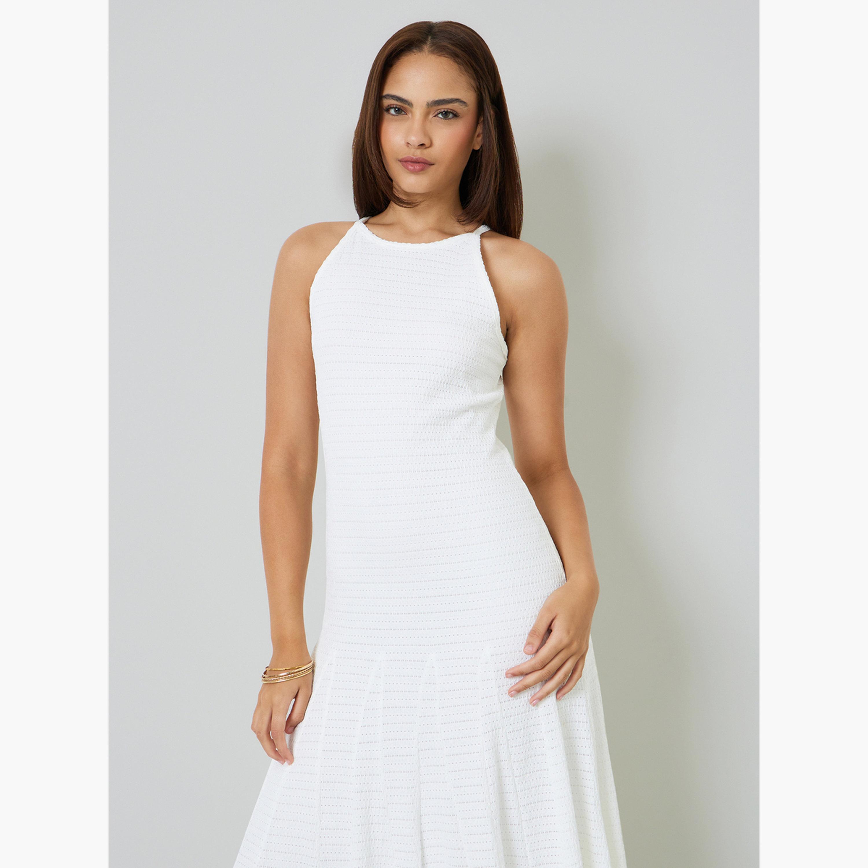Styli White Textured Sleeveless A-Line Maxi Dress-women-clothing-dresses-image-3